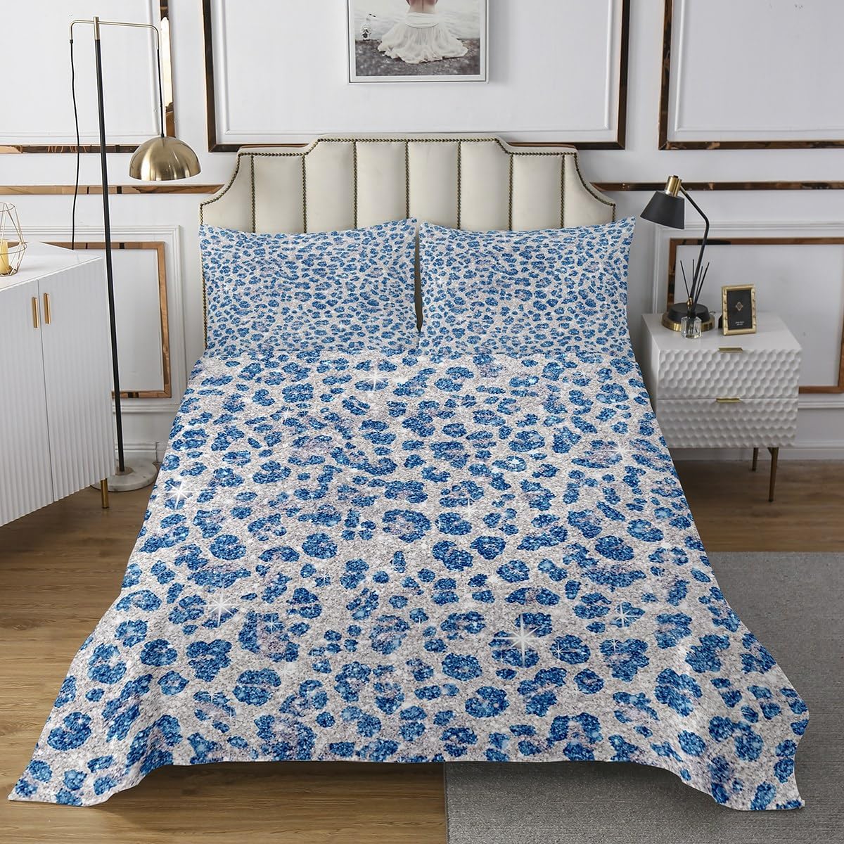 jejeloiu Blue Leopard Bedspread Queen Size Cheetah Coverlet Set Animal Print Quilted Coverlet for All Season with 2 Pillowcases Leopard Fur Print Microfiber Lightweight Safari