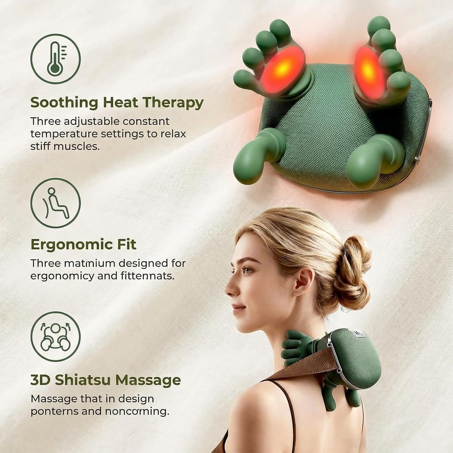 4D Neck and Shoulder Heat Massager with Heat, Wireless Portable Neck Massager, Relieves Muscle Pain, Simulates Deep Tissue Massage of Human Hand, Neck and Back Massager 2026 (Upgraded Version), Green