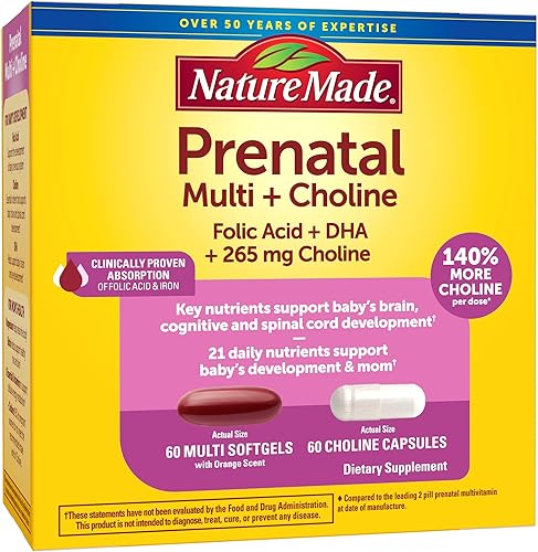 Nature Made Cápsulas blandas prenatales de vitaminas + cápsulas de colina, ácido fólico + DHA + colina, 60 vitaminas prenatales para mujeres, 60