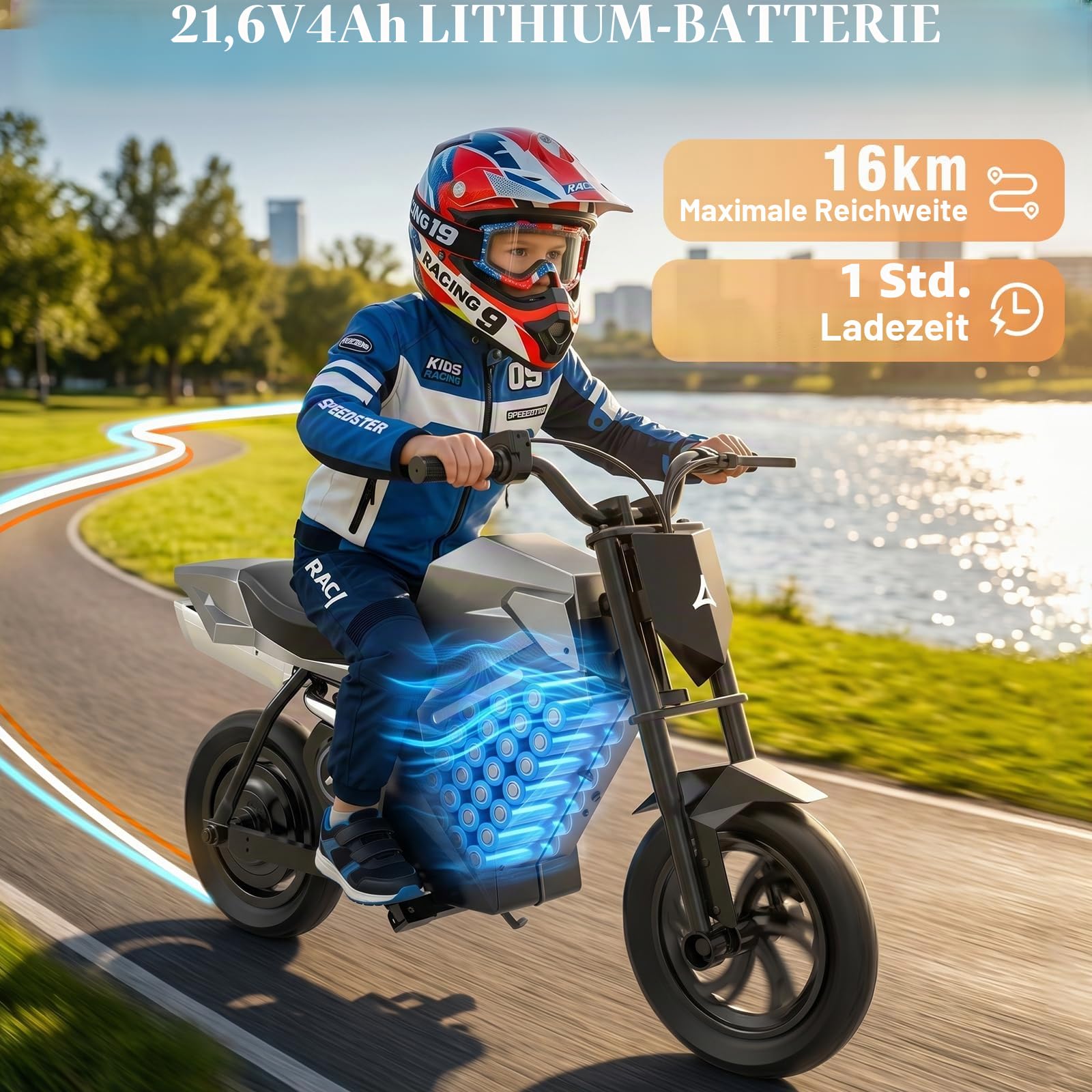 Elektrisches Motorrad für Kinder, 350 W, Elektromotorrad mit 3 Geschwindigkeitsstufen, aufblasbare Reifen 12,5 Zoll, Lithium-Akku 21,6 V, 4 Ah, Reichweite bis zu 16 km, für Kinder ab 6 Jahren