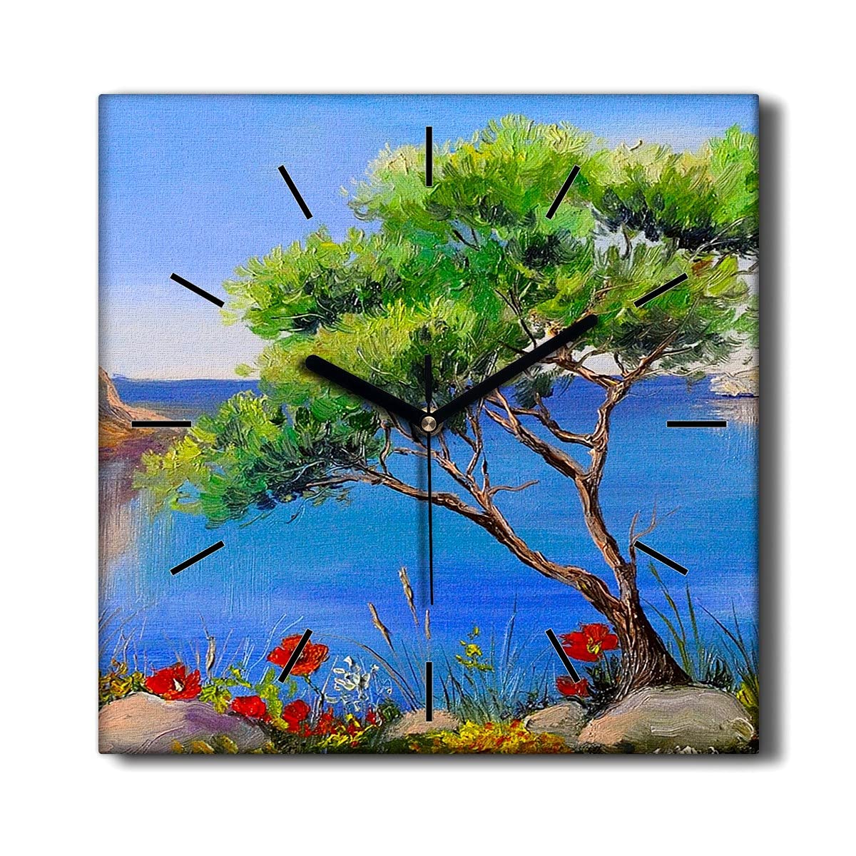 Horloge sur Toile Salon Décoration Murale Nature Fleurs Mer Silencieuse