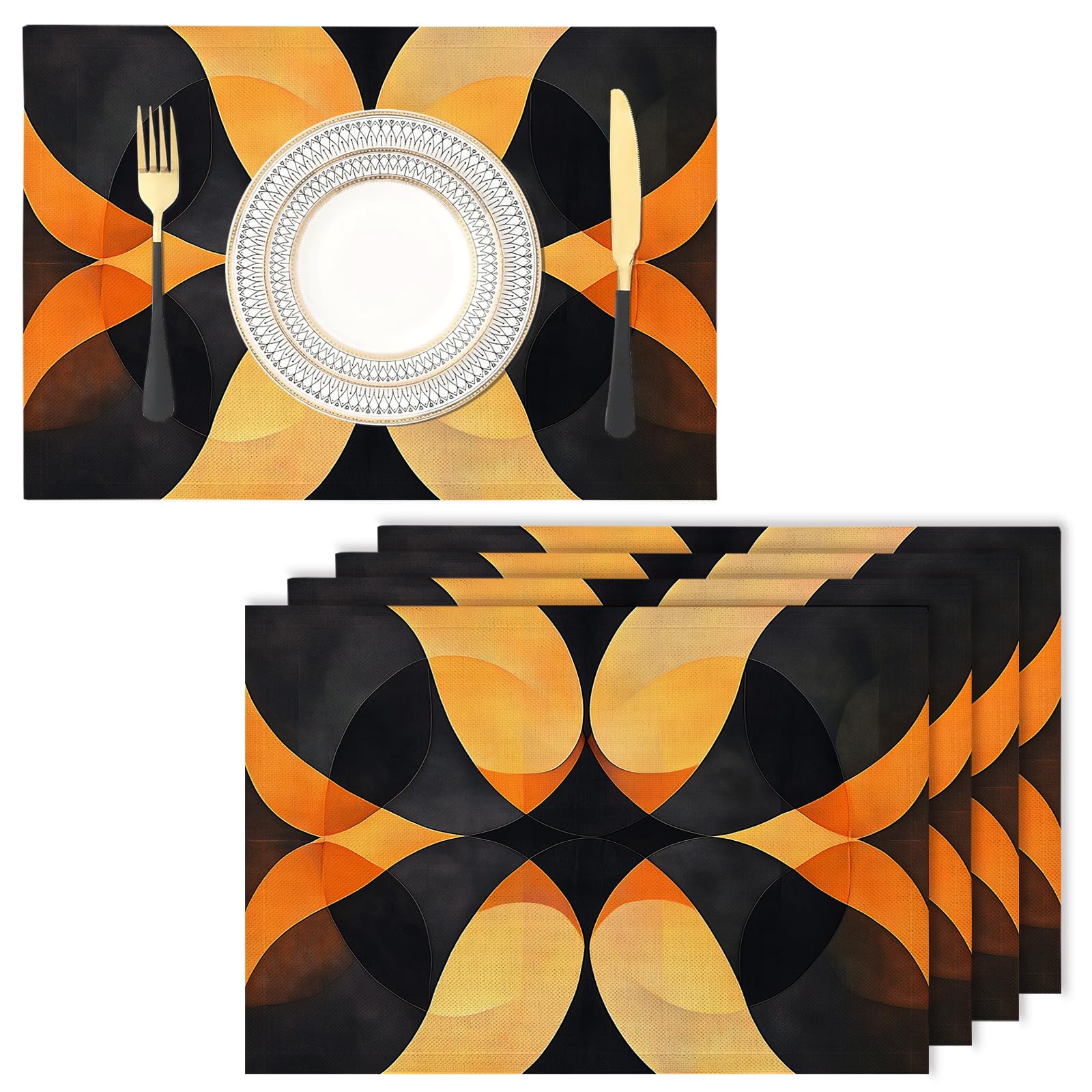Set de table de mariage et cuisine géométrie orange noir x6