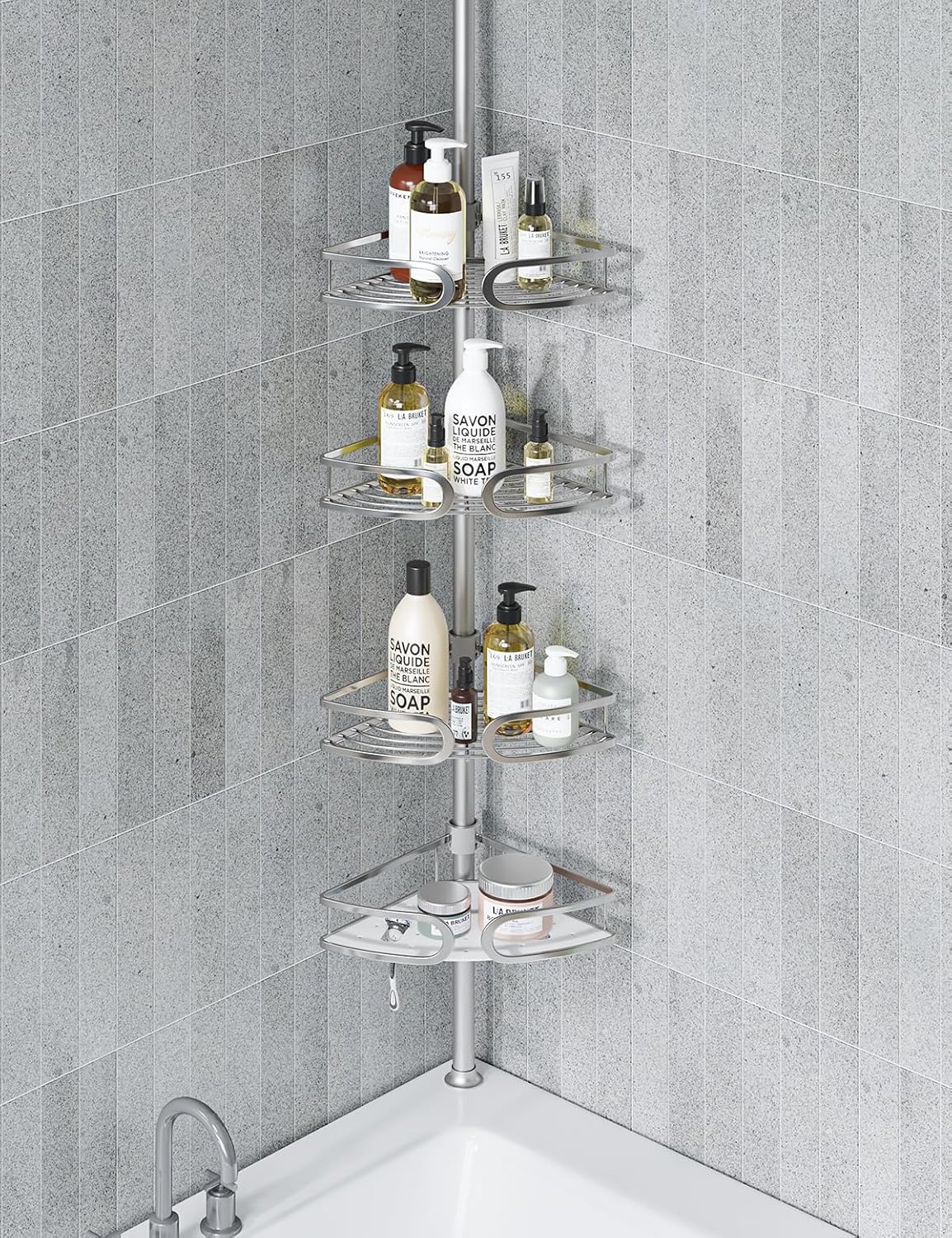 USHOWER Corner Shower Caddy Tension Pole, 4-Tier Aluminum Shower Shelves for Bathroom, Bathtub Shampoo Storage, 51-121 Inch Adjustable Shower Tension Pole Organizer No Drill, Silver