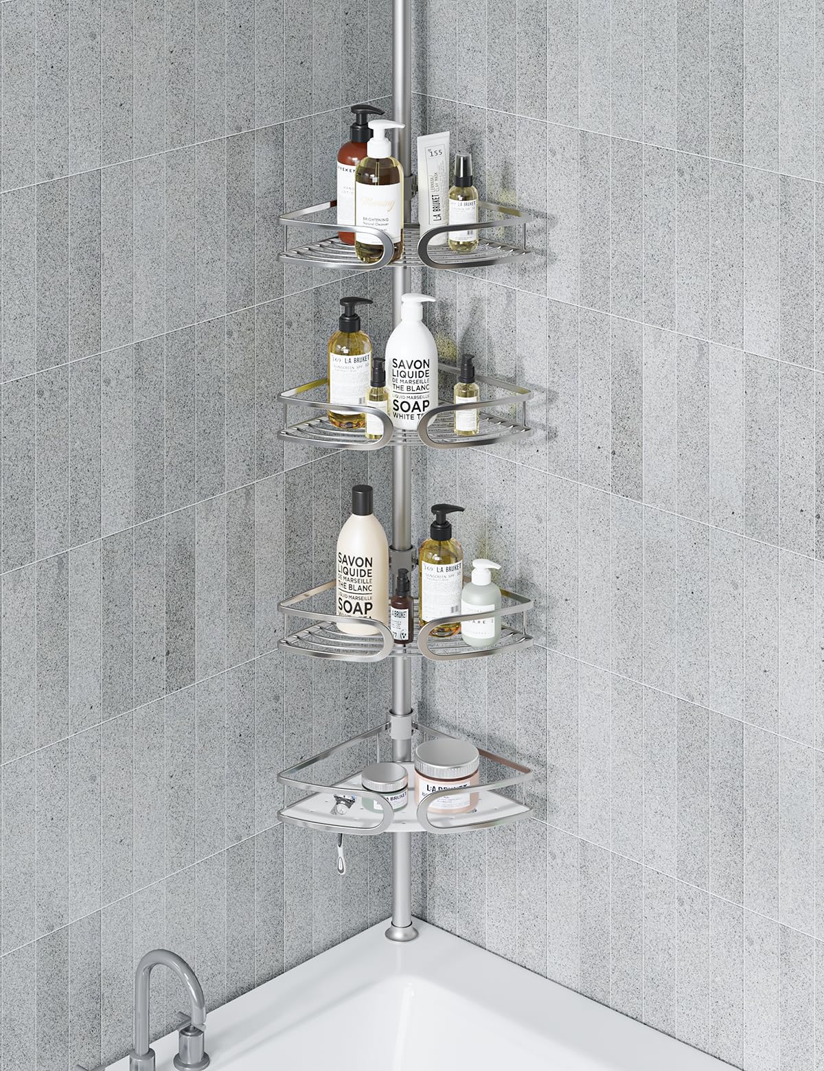 USHOWER Corner Shower Caddy Tension Pole, 4-Tier Aluminum Shower Shelves for Bathtub Shampoo Storage, 51-121 Inch Adjustable Shower Tension Rod