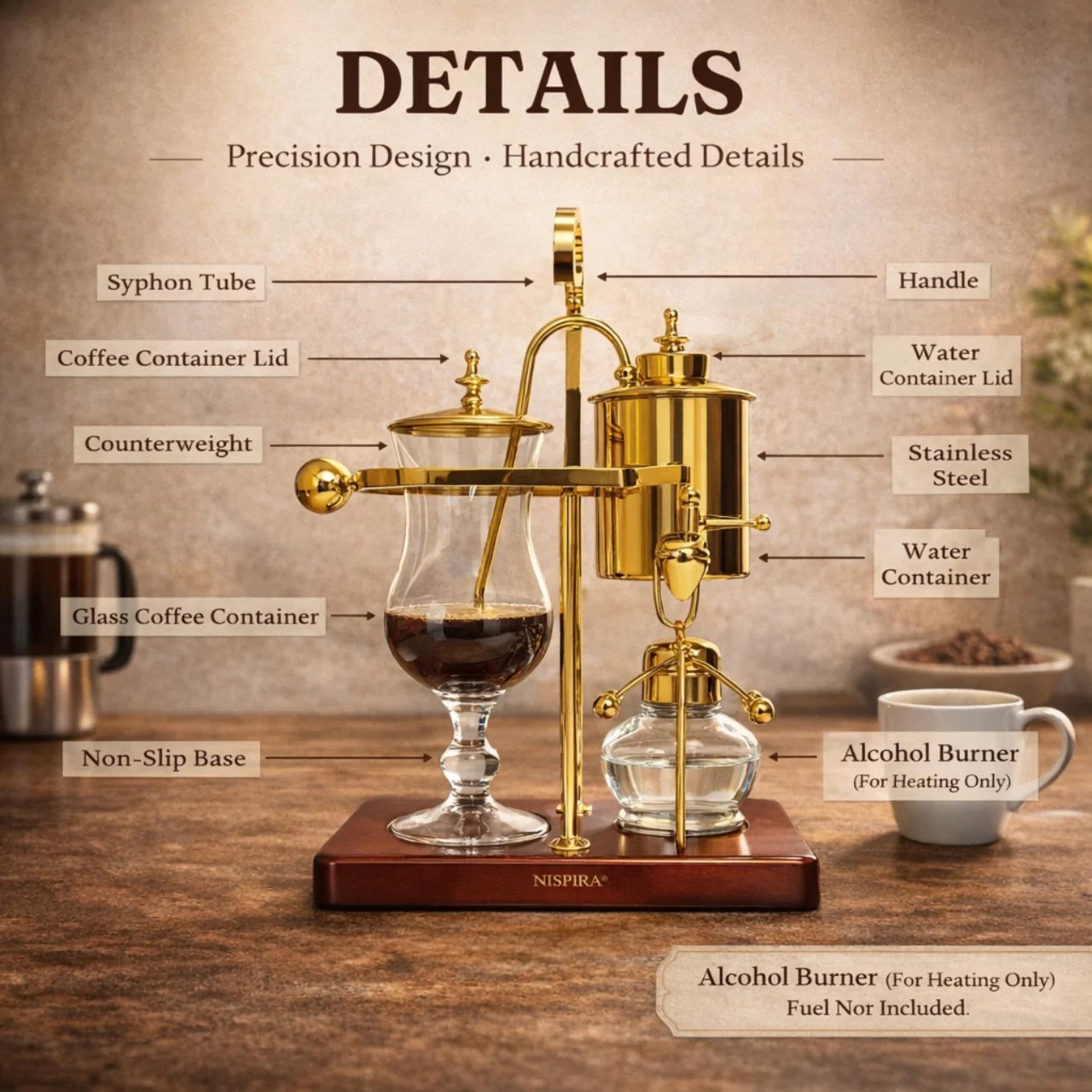 Nispira Belgian Royal Syphon Coffee Maker - Gold -2 Nispira Belgian Royal Syphon Coffee Maker - Gold -2