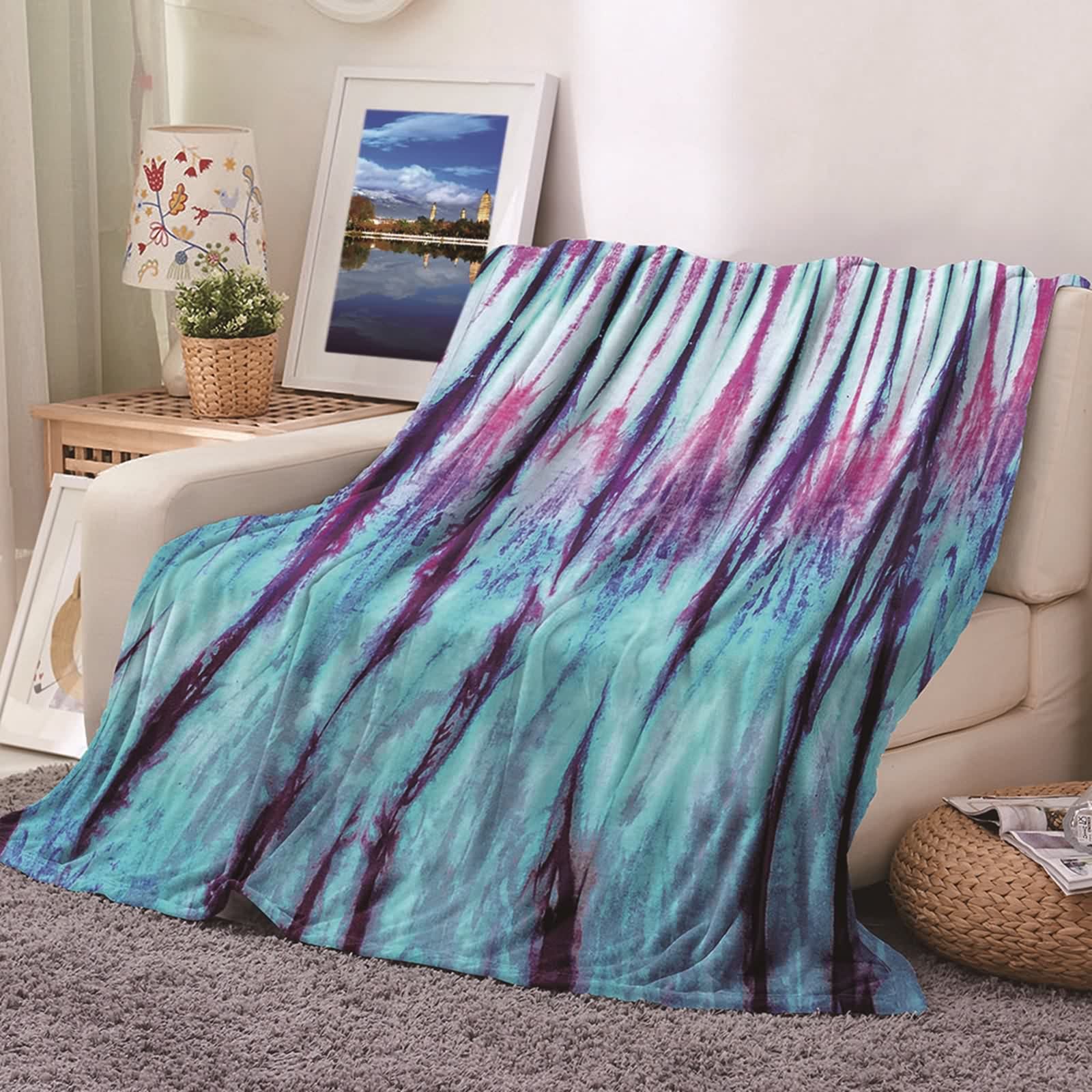 Couverture chaude hiver en flannel KnSam 180x220cm motif tie dye