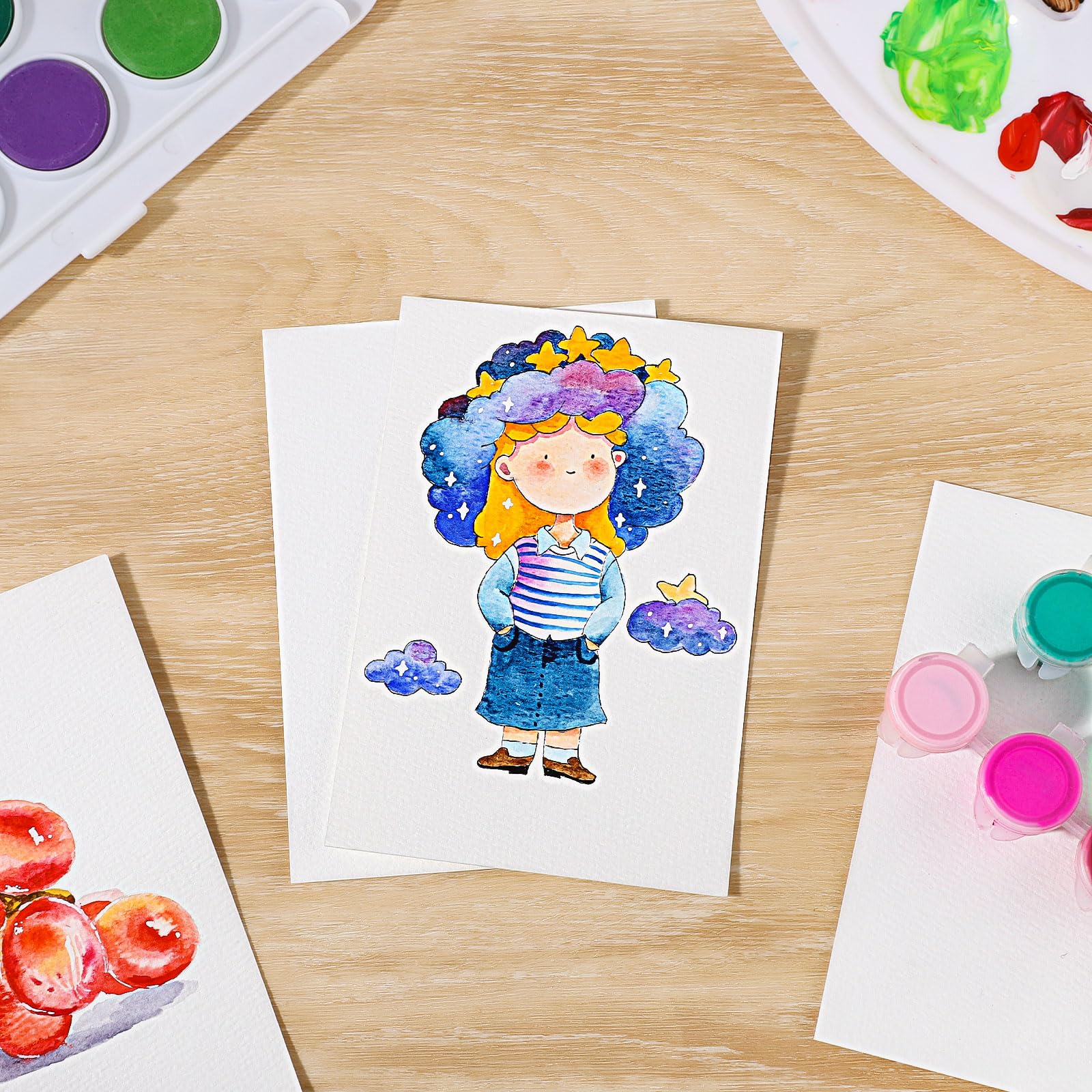 60 Blatt Dickes Aquarellpapier Aus Baumwolle (300g/m²) + 1 Pinsel – Für Acryl, Buntstifte & Mehr, 15,2 X 10 Cm