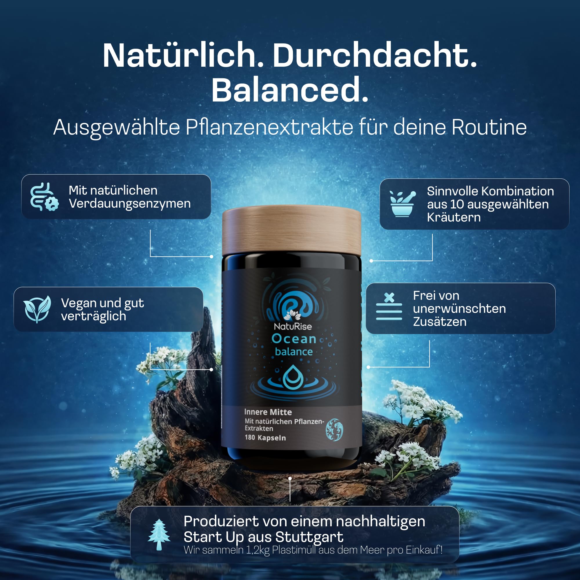 NatuRise® Ocean Balance Innere Mitte [180 KAPSELN] - Premium Supplement mit Bitterstoffen & 9 Pflanzenextrakten - Mit Artischocke, Löwenzahn, Ingwer & Fenchel - Laborgeprüft, Vegan & Ohne Zusätze