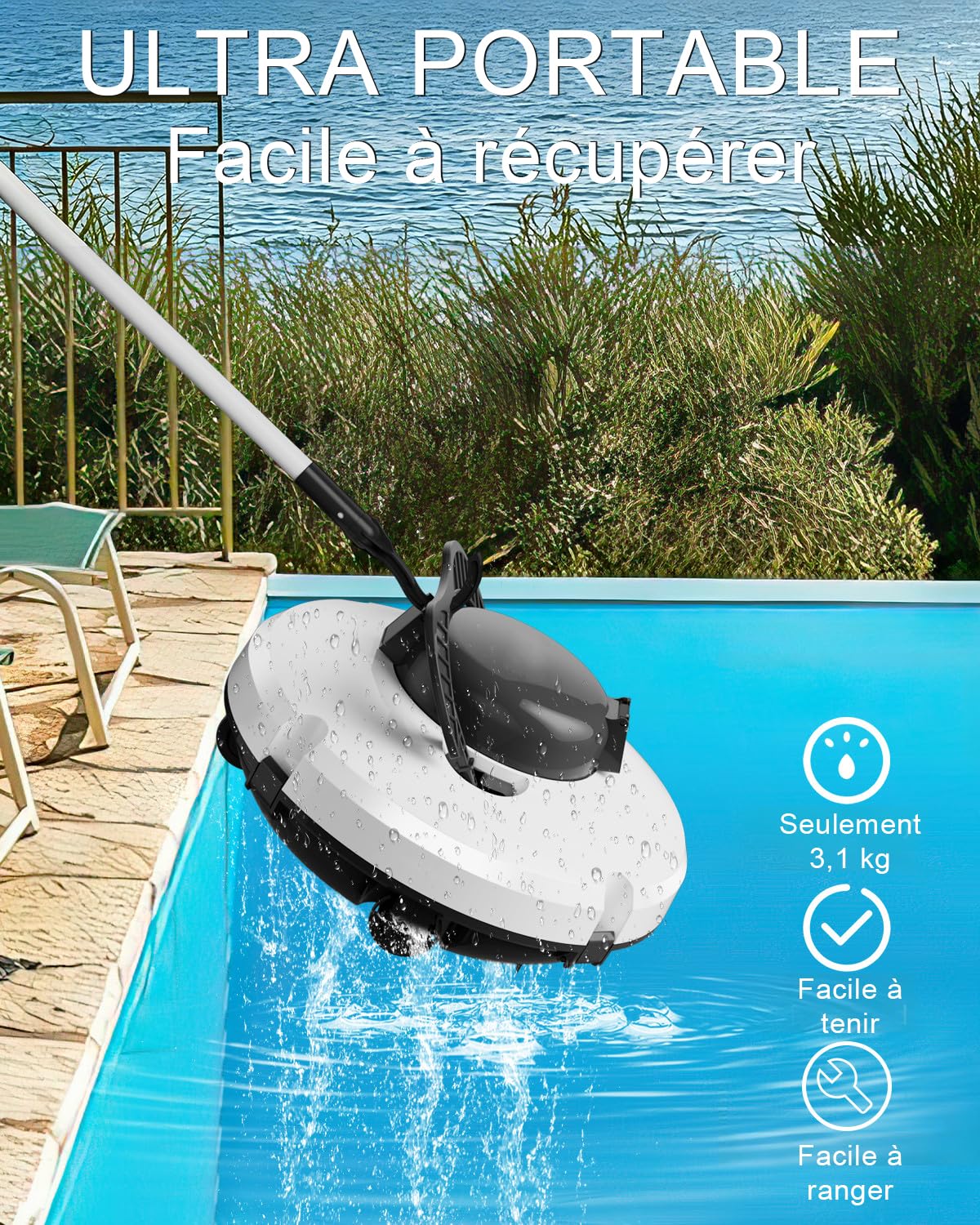 (2026) Robot Piscine sans Fil, Aspirateur Piscine à Double Moteur Puissante Aspiration, 120 Minutes de Nettoyage, Auto-Stationnement, Robot Piscine Idéal pour Les Piscines Hors Sol 100㎡ (Beige)