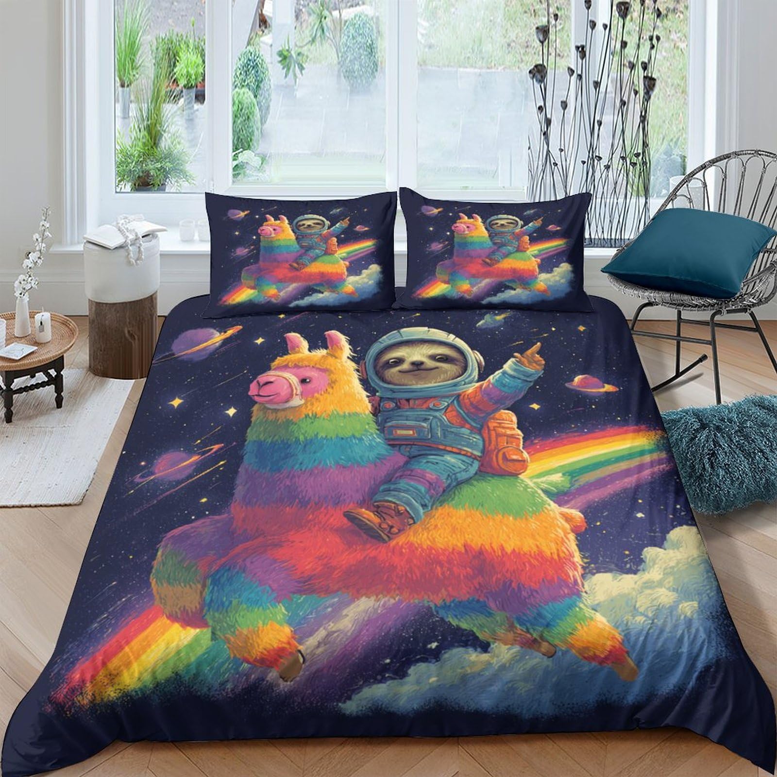 Ctjqhvkz Style-3 3D Printed Rainbow Llama Fitted Sheet Microfiber Soft Astronaut Space Bed Cover Anti-Slip Machine Washable For Bedroom Dorm Decor Single（135X200cm）