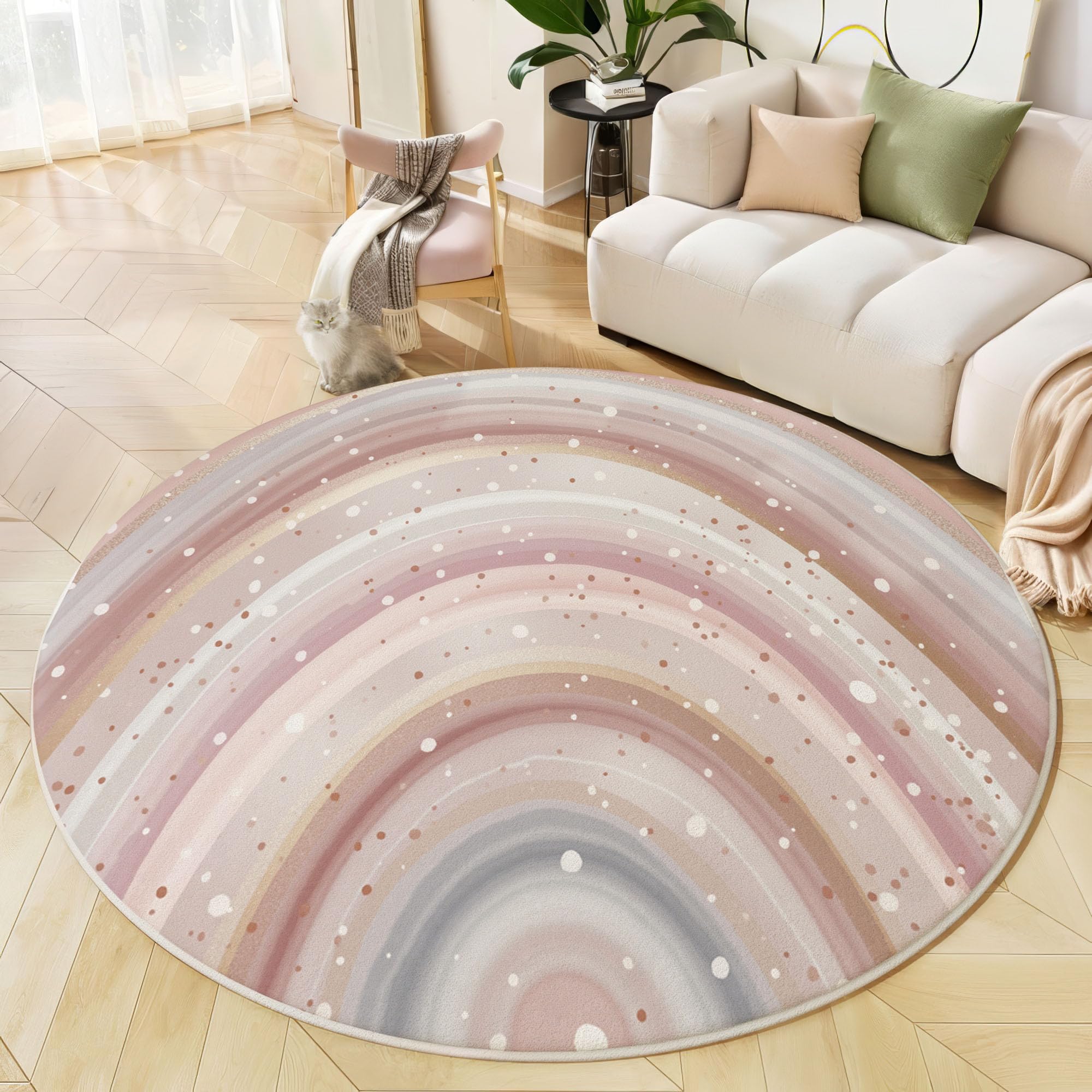 Tapis de salon rond rose 150cm style minimaliste abstrait lavable