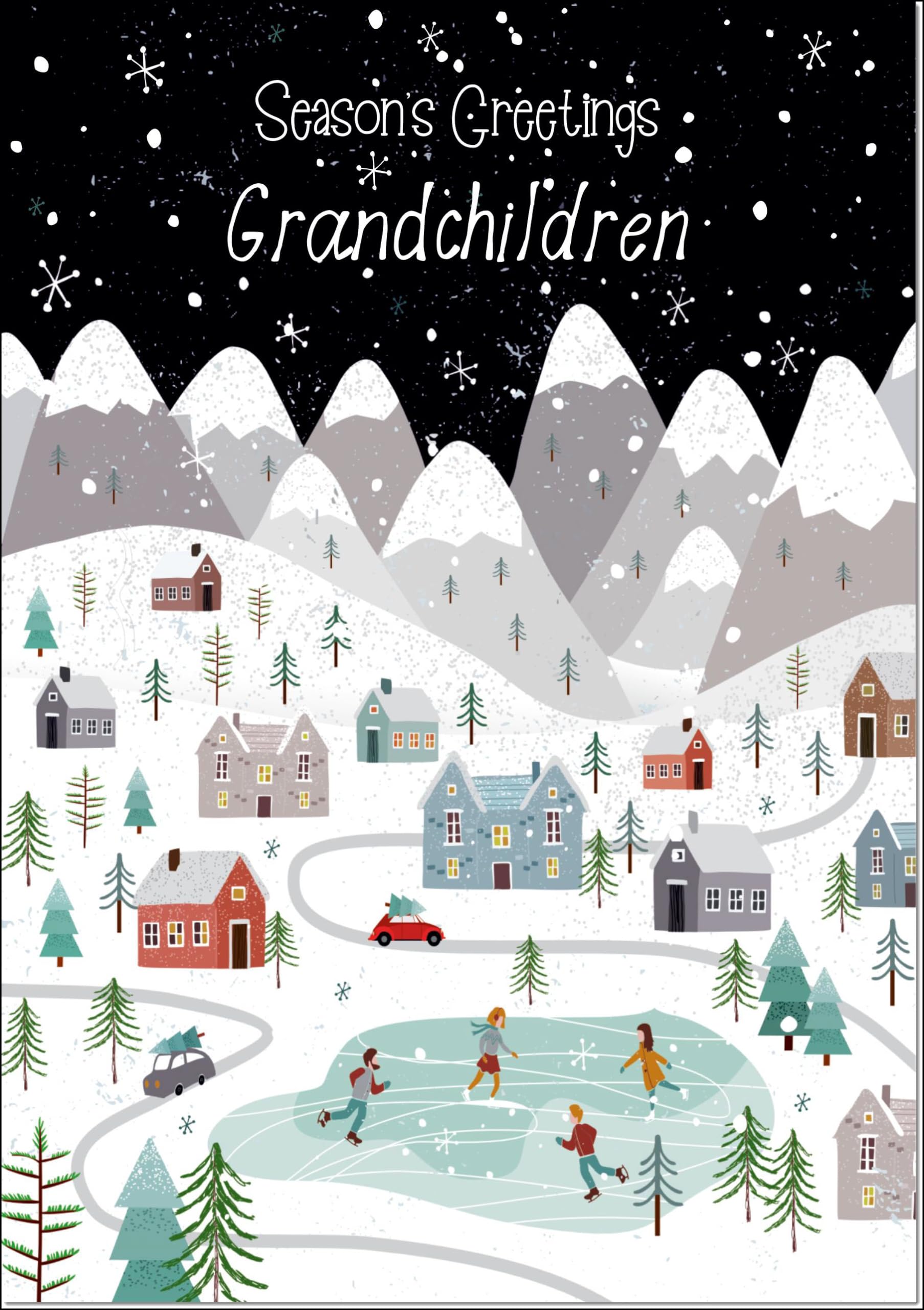 doodlecards Grandchildren Christmas Card Mountain Scene In Snowy Village Large A4 Size Christmas Card for Grandchildren with Plain Envelope — image 1