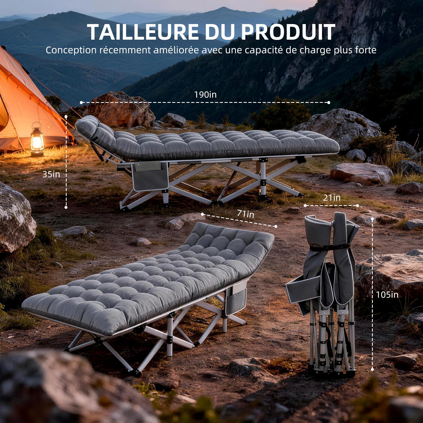 Lit de Camp Pliable avec Matelas Réversible 2 en 1 -Été et Hiver, Lit de Pliable Confortable Charge Jusqu'à 200Kg pour Camping, Les Voyages, la Maison, Jardin, Gris