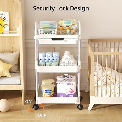 Miniatura 5 de Meulife Carrito utilitario rodante de 3 niveles con cajón, carrito de almacenamiento multifuncional con ruedas bloqueables, cestas y ganchos,