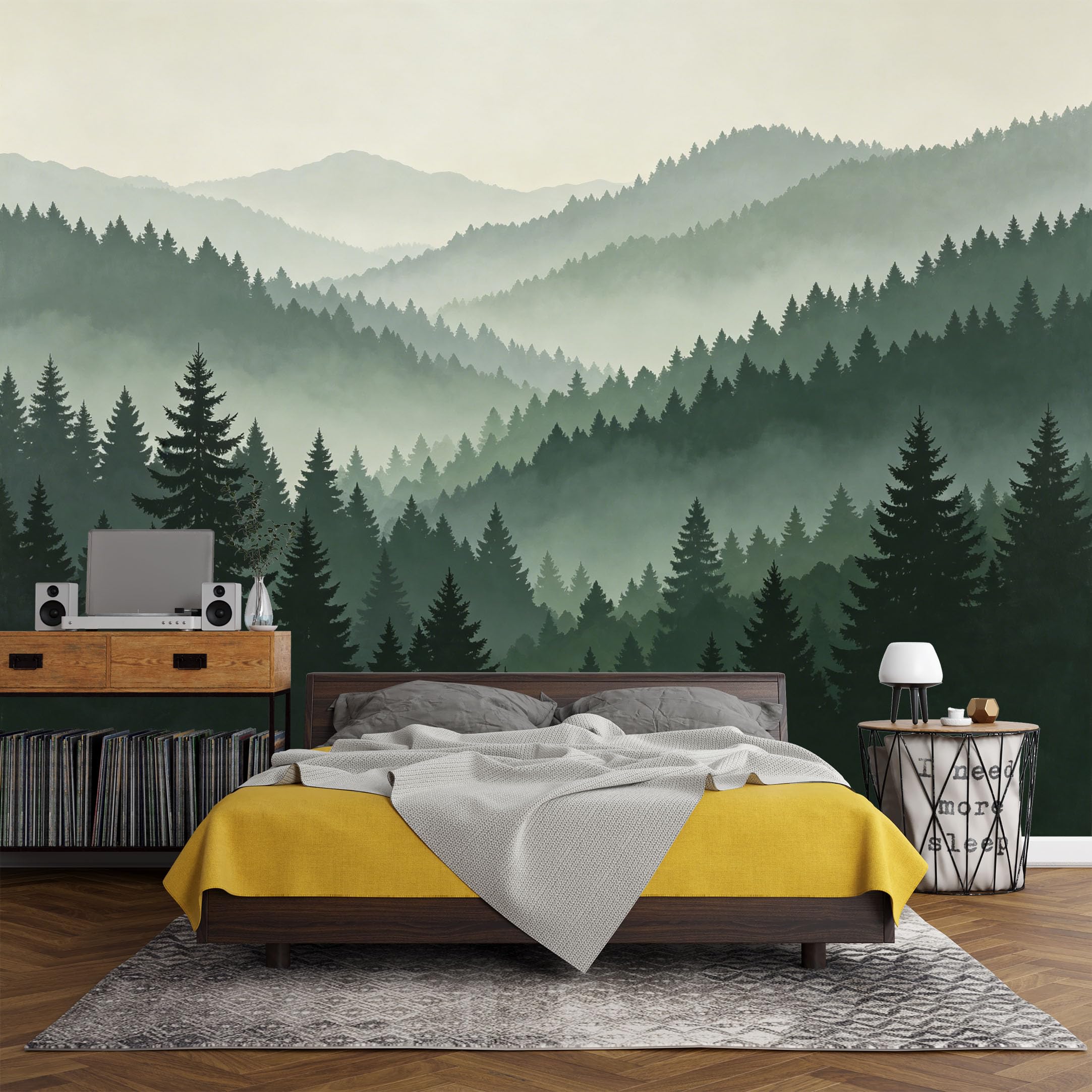 Custom Size Wall Mural， Forest Mountain Mist Landscape Trees Pine Valley，SelfAdhesive Art Prints wall Fabric (No PVC) Removable Wallpaper Living Room Decor