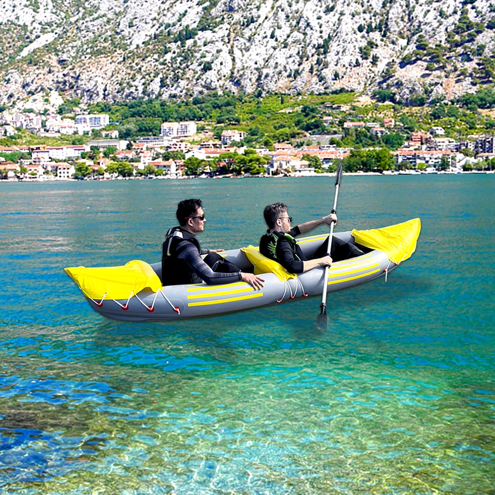 Canoa inflable del barco del kayak inflable de 2 personas,Kayak inflable de la pesca de la serie profesional amarilla con los remos de aluminio, bomba