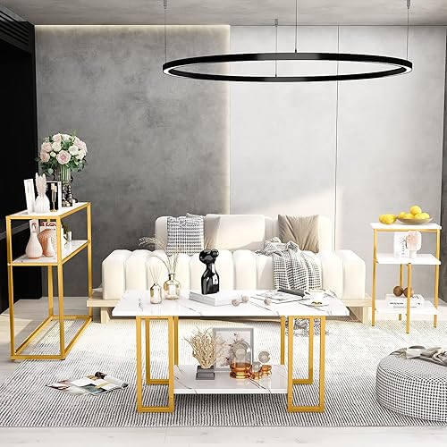 Miniatura 4 de Lamerge Juego de 3 mesas auxiliares de mármol con mesa auxiliar de 3 niveles y mesas de consola, juego de mesa de sala de estar de 3 piezas con