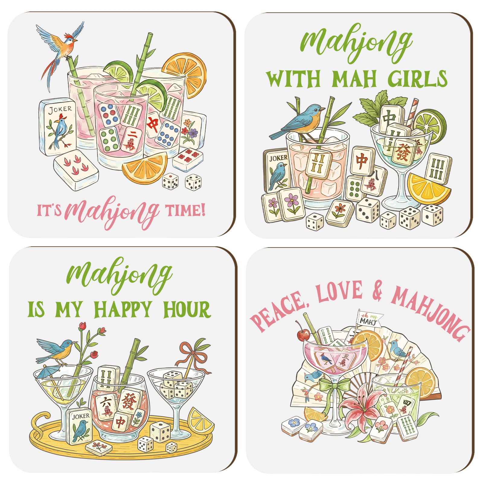 Yiyiring 4 Pack Mahjong Cocktail Coasters Colorful Mah Jong Gift for Mahj Cup Drink Table Game 3.94 x 3.94 Inch