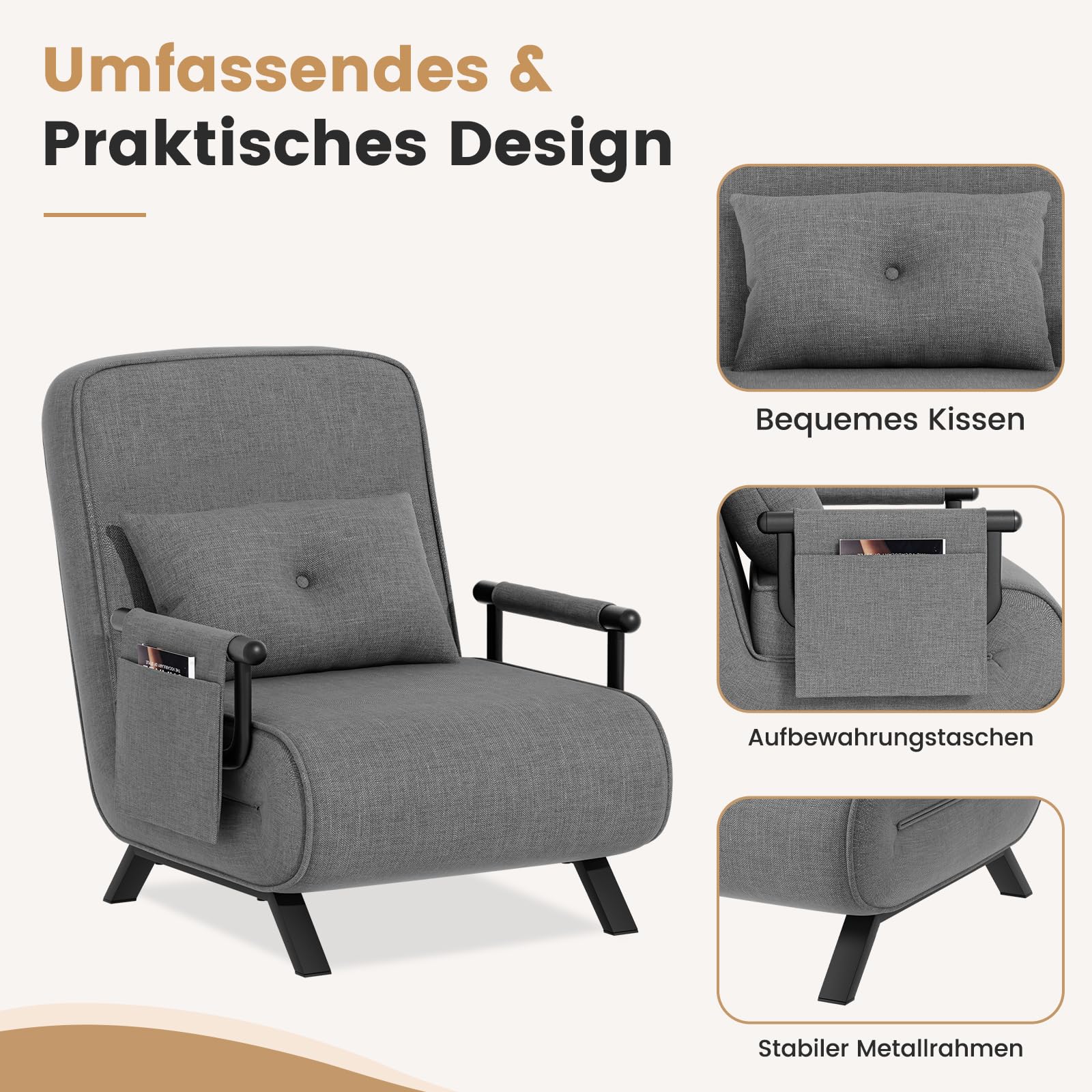 YOUDENOVA Schlafsessel 4 in 1 mit Bettfunktion, 150 kg belastbar, Schlafsofa mit 5-Fach Verstellbarer Rückenlehne, Sofa mit Aufhängetasche, Schlafcouch, Gästebett, Klappsofa, 184 × 63 cm, Dunkelgrau