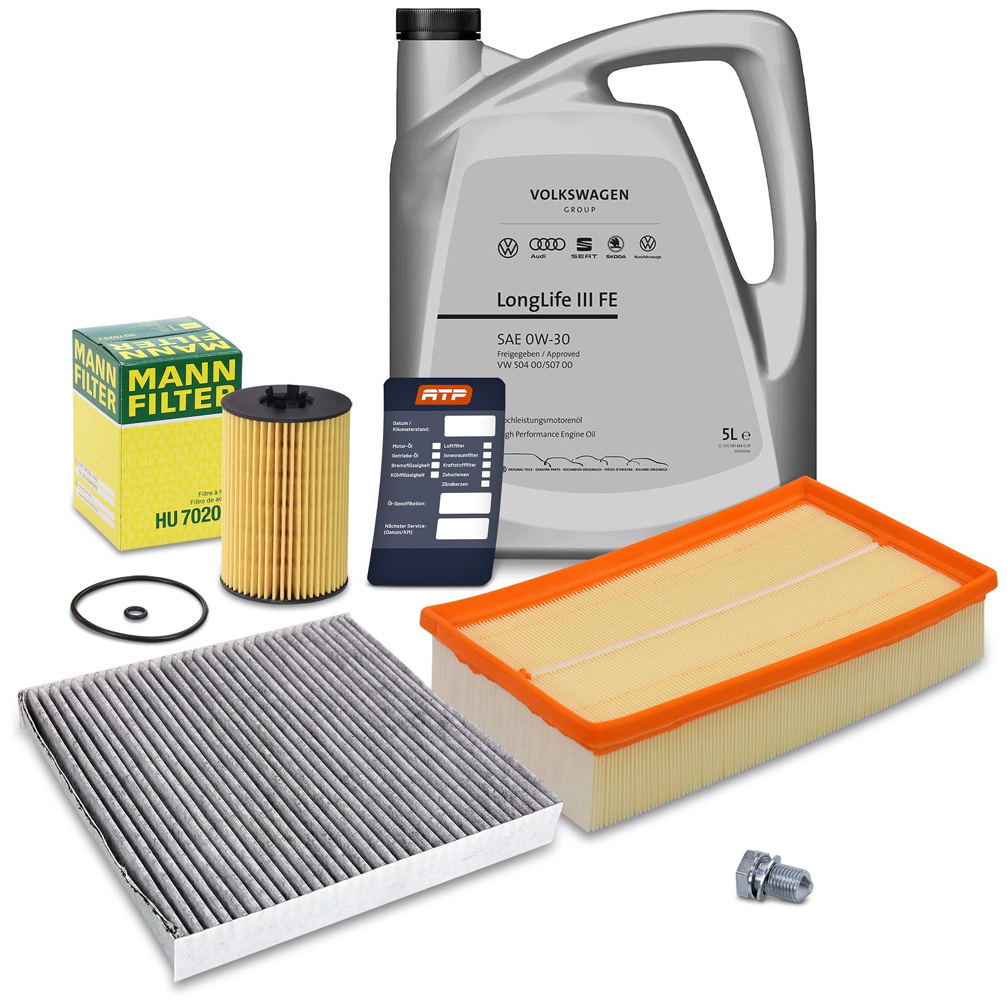 BESTPRICE Inspektionspaket Filterset mit 1x Ölfilter, 1x Luftfilter, 1x Innenraumfilter (Aktivkohle), 1x Ölablassschraube mit Dichtring, 1x Motoröl 0W-30 VW SAEI LongLife 3 FE 5 l, 1x Ölwechselanhänge