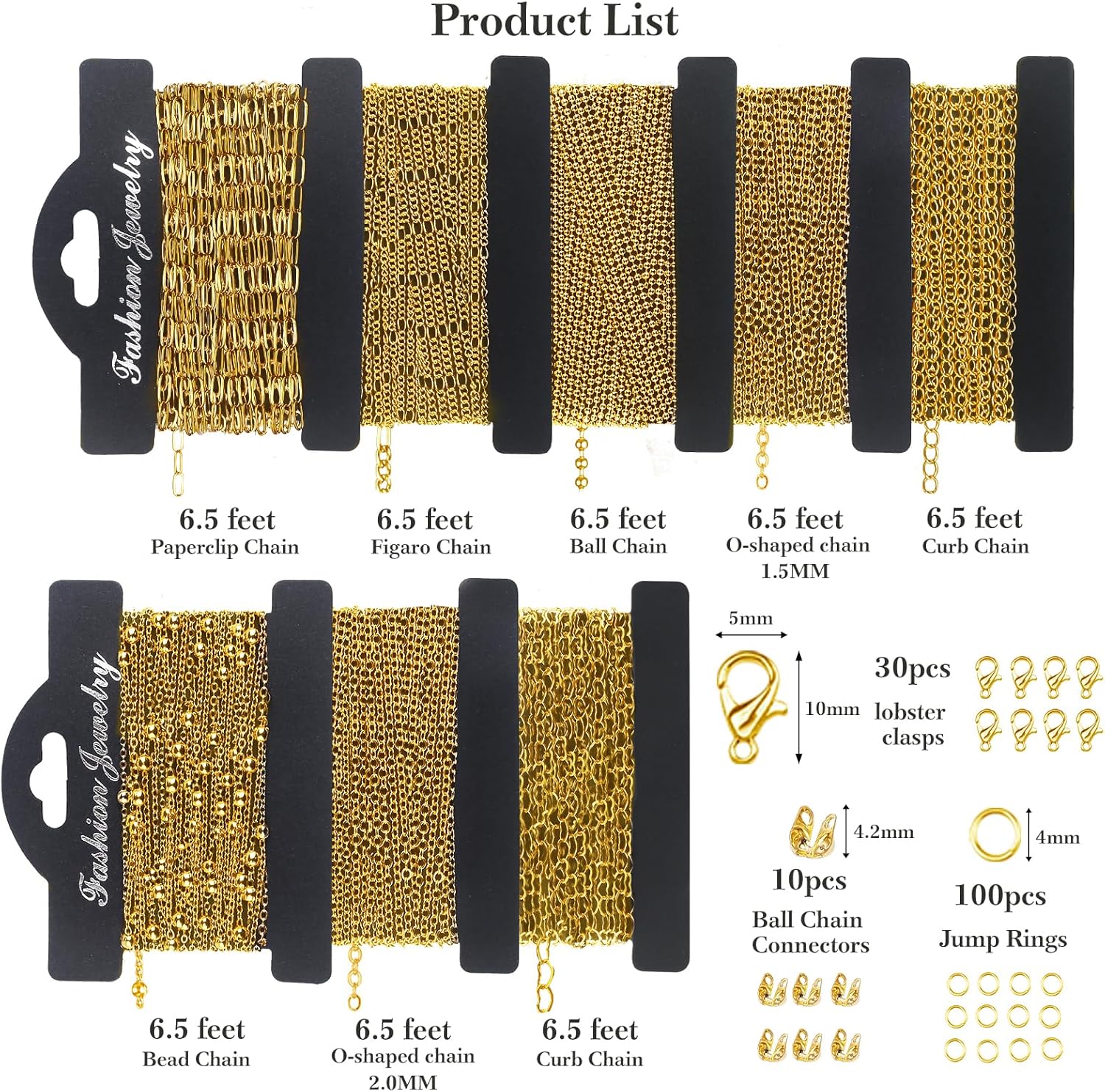 18k Gold Necklace Chains for Jewelry Making, 52.5 Feet 8 Rolls Bracelet Chains for DIY,6.5 Feet Each Style, Gold Plated Chain with Jump Rings/Lobster Clasps/Connectors - Image 4