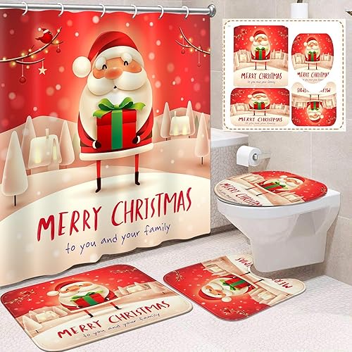 Miniatura 1 de Emvency Juego de 4 cortinas de ducha de Navidad, Papá Noel con cortina de ducha de regalo con alfombras antideslizantes, cubierta de tapa de inodoro