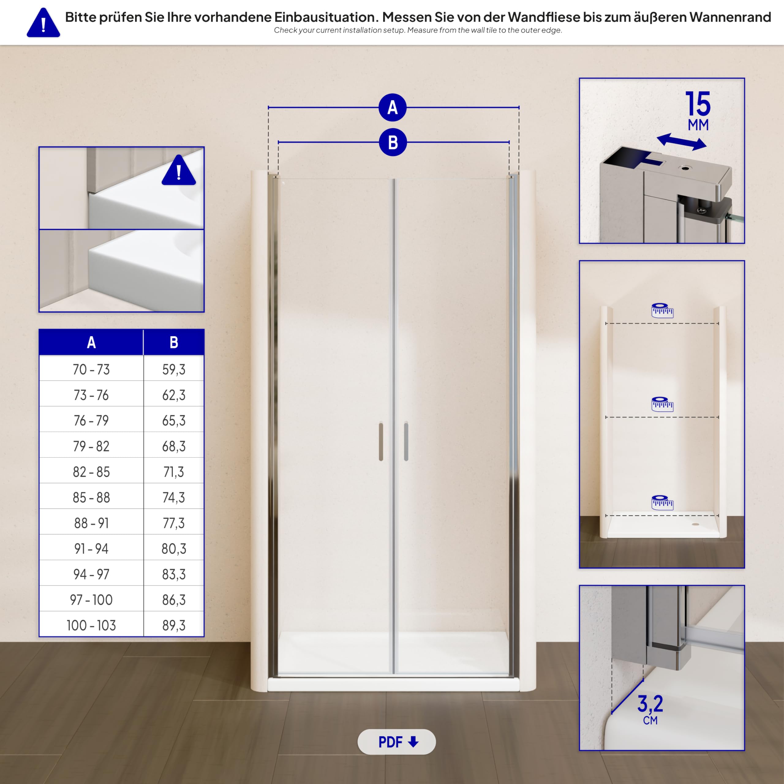 Stella Duschtür 79x190 cm - Nischentür aus 6 mm ESG Sicherheitsglas mit Nanobeschichtung, Verstellbereich 79–82 cm, transparente Duschabtrennung für Badezimmer