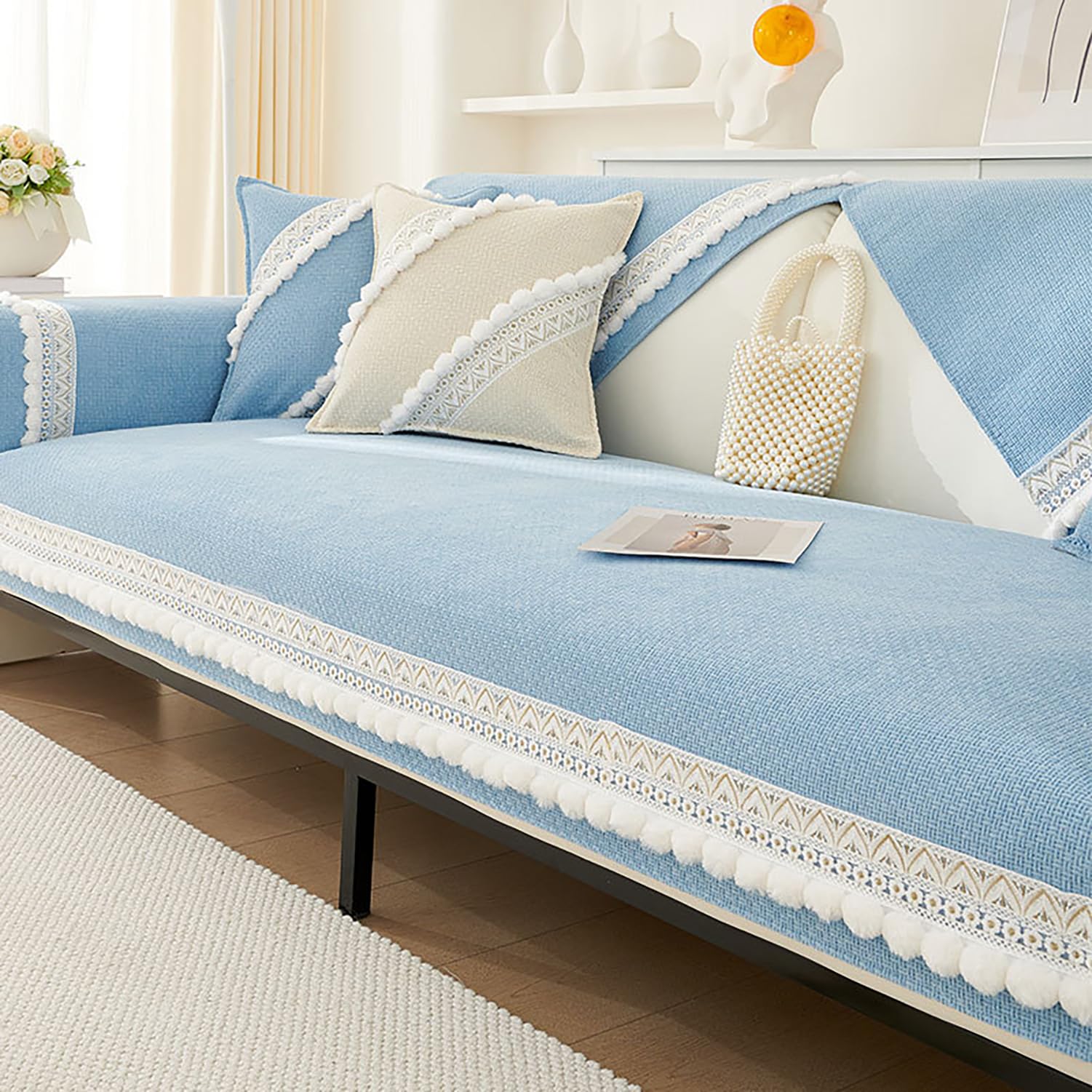 Housse de canapé en chenille chic 110x240 cm bleu clair antidérapante