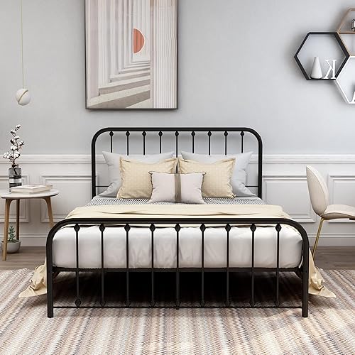 Base de cama de metal tamaño Queen con cabecero vintage, soporte de listones de acero sólido resistente, no necesita somier, fácil montaje, color