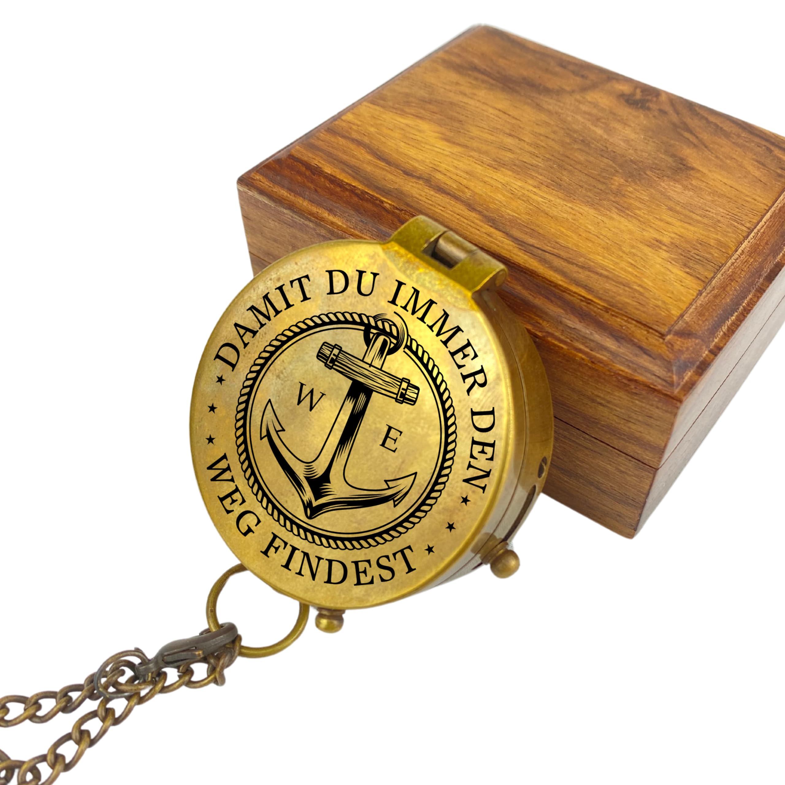Personalisierter Kompass mit Gravur Wunschmotiv Maritim und Wunschtext Name Diverse Designs Messing Ledertasche Geschenkbox Geschenkidee