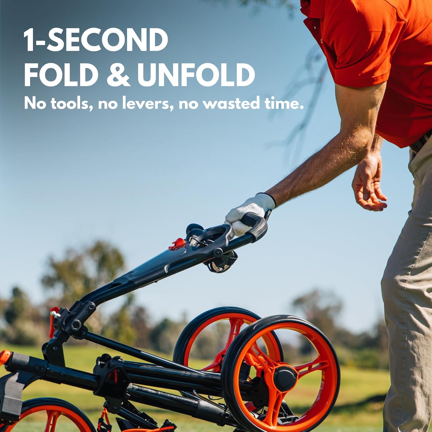 Qwik-Fold Golf Push Cart 4-Wheel with Foot Brake – 1-Second Fold Golf Trolley, Lightweight Aluminum Frame, Adjustable Handle, Ball-Bearing Wheels & Umbrella Holder