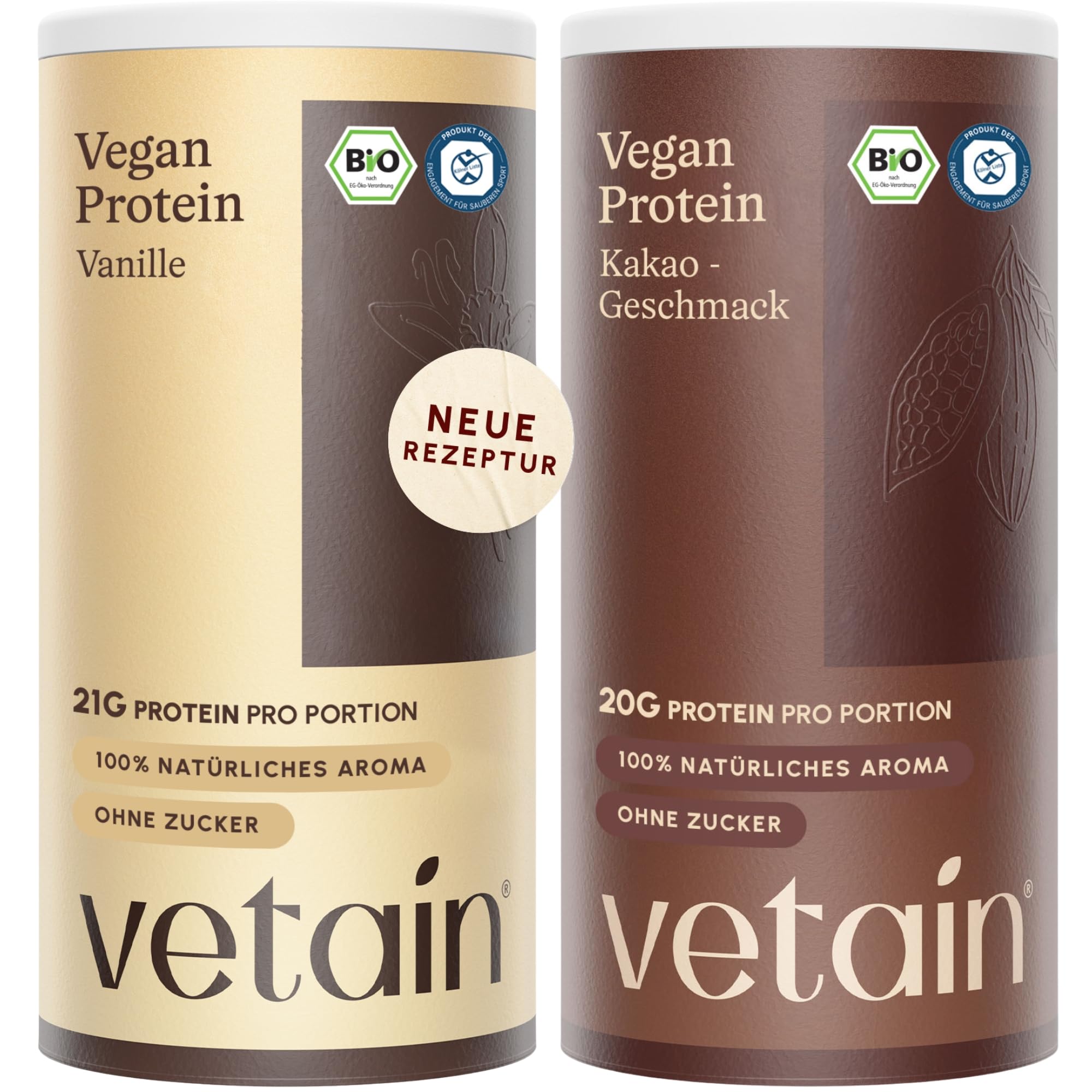 VETAIN Veganes Proteinpulver Set - Vanille & Kakao - 21g Eiweiß - Ohne künstliche Süßungsmittel - Bio Protein Pulver - 4 Proteinquellen fermentiert Erbsen - Mit EAA & BCAA - 1080g - NEUE REZEPTUR