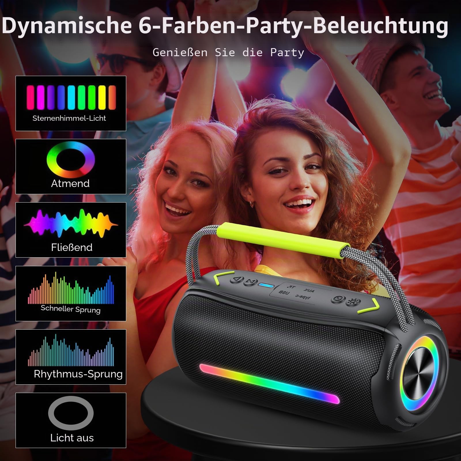 IKT Bluetooth Lautsprecher mit Tragegriff, 40W Musikbox Bluetooth Box mit Dualen Bass-Treibern, IPX7 Wasserdicht, RGB Lichter, TWS Kopplung, AUX, TF Karte, Geeignet Party/Outdoor/Reisen, Schwarz