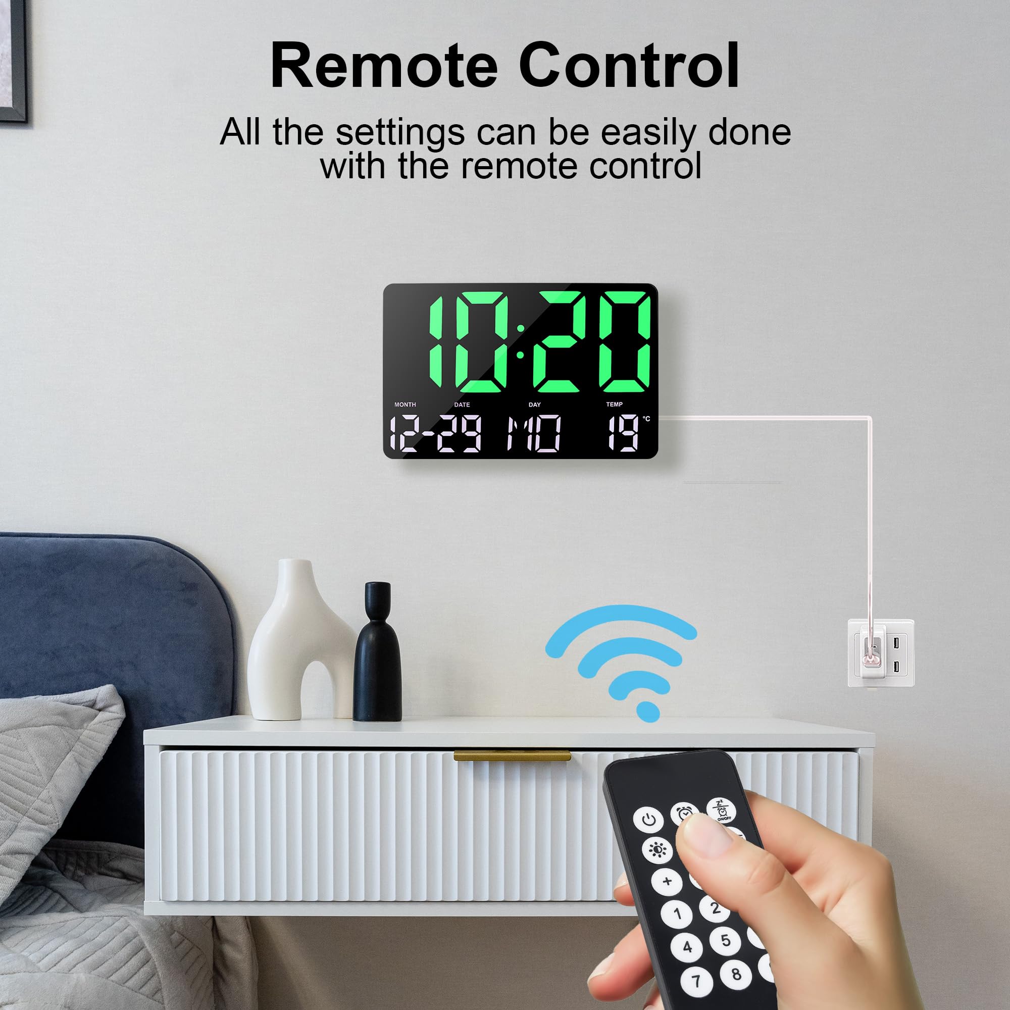 Lafocuse Horloge Murale Numérique LED 12" avec Télécommande, Température, Date, Alarme, Snooze, Luminosité Réglable, Vert