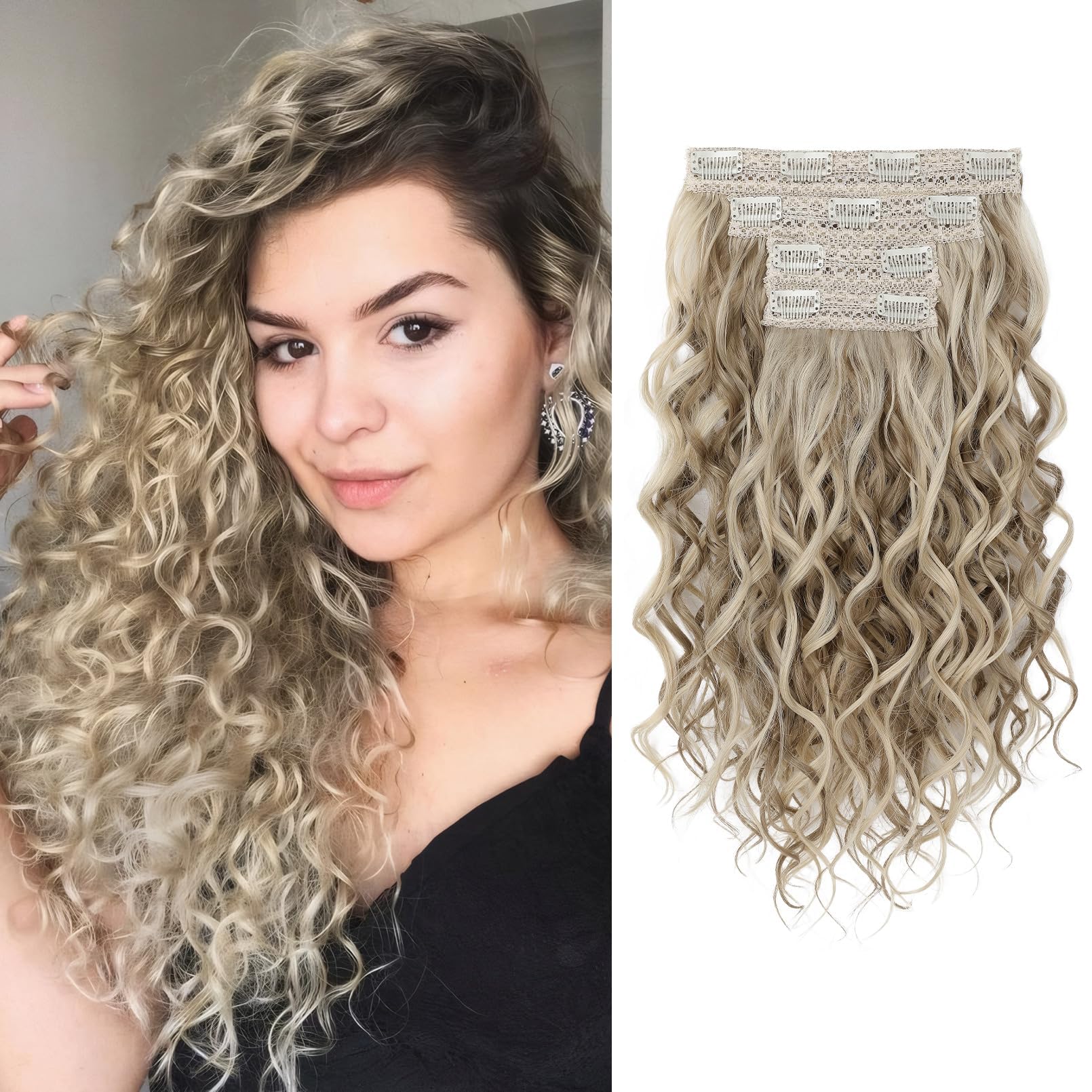 REECHO Curly Hair Extensions, 4PCS 16 inch Clip in Hair Extensions Lace Weft Short Curly Hair Extensions Clip Ins Invisible Natural Hairpieces for