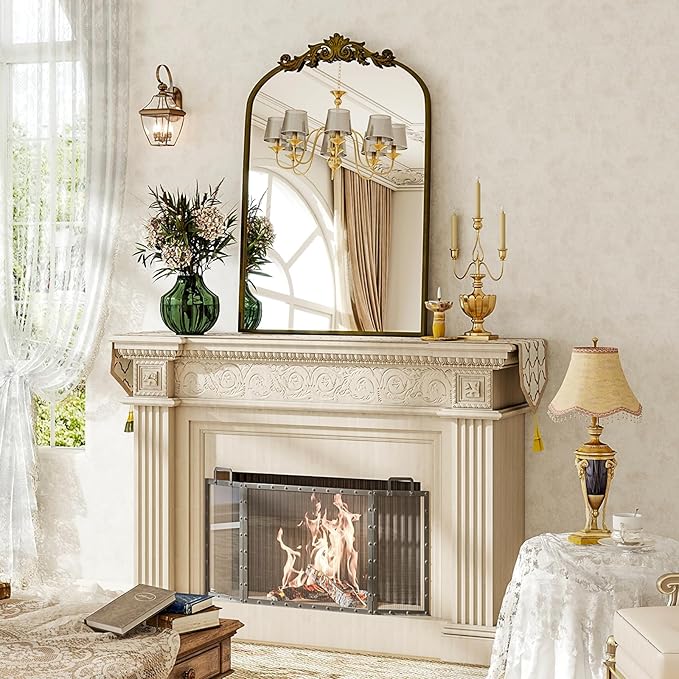 BEAUTYPEAK 20x30 Arched Mirror, Gold Traditional Vintage Ornate Baroque Wall Mirror for Bathroom, Bedroom, Hallway, or Fireplace Decor