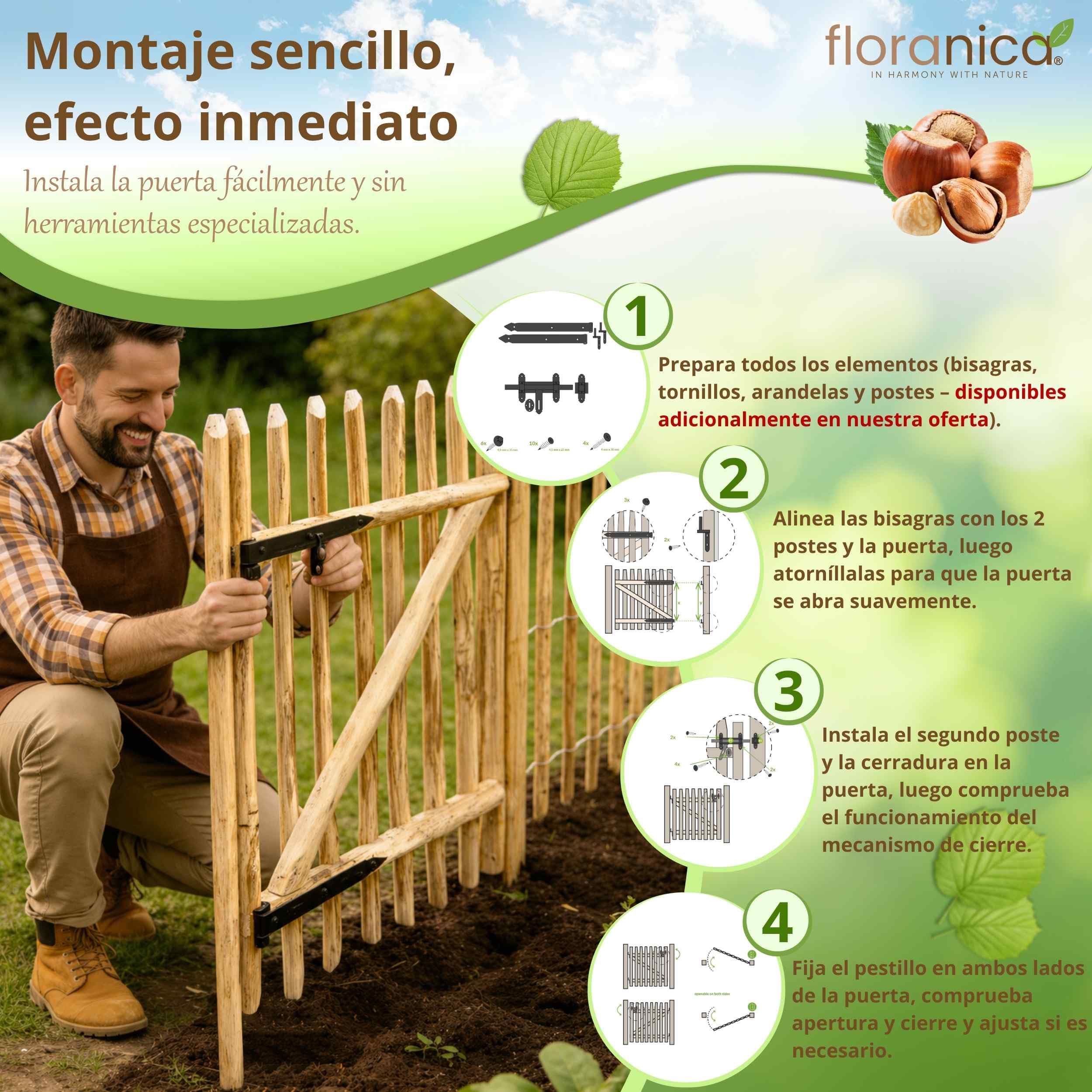 Floranica Puerta de jardín de madera de avellano para valla de estacas Altura 115 cm x 100 cm 1 hoja – lista para instalar incl. bisagras