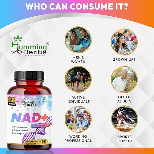 Miniatura 7 de Humming Herbs Suplemento NAD+ de 600 mg con resveratrol y ácido alfa lipoico 90 cápsulas veganas Sin OMG, sin gluten, fórmula a base de plantas