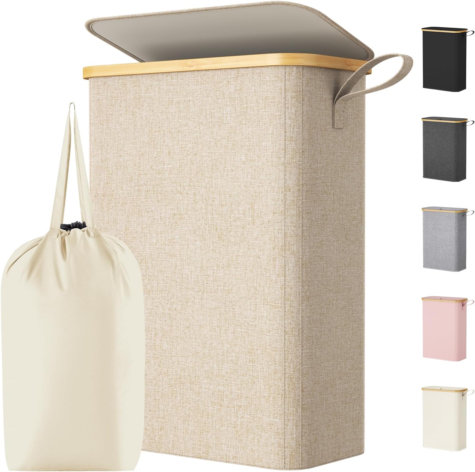 Lifewit 50L Slim Laundry Basket with Lid, Narrow Laundry Bin with Removable Bag & Bamboo Handles, Foldable Thin Dirty Clothes Hamper for Laundry, Bathroom, Bedroom, Dorm (Beige)