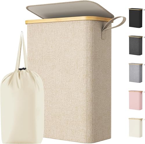 Lifewit Cesto Ropa Sucia Estrecho con Tapa, Cesto de Ropa Plegable con Bolsa Extraíble y Asa, Cesta Ropa Sucia de Bambú, Cubo de Ropa para Dormitorio, Baño, Lavandería, Dormitorio, 50 L, Beige