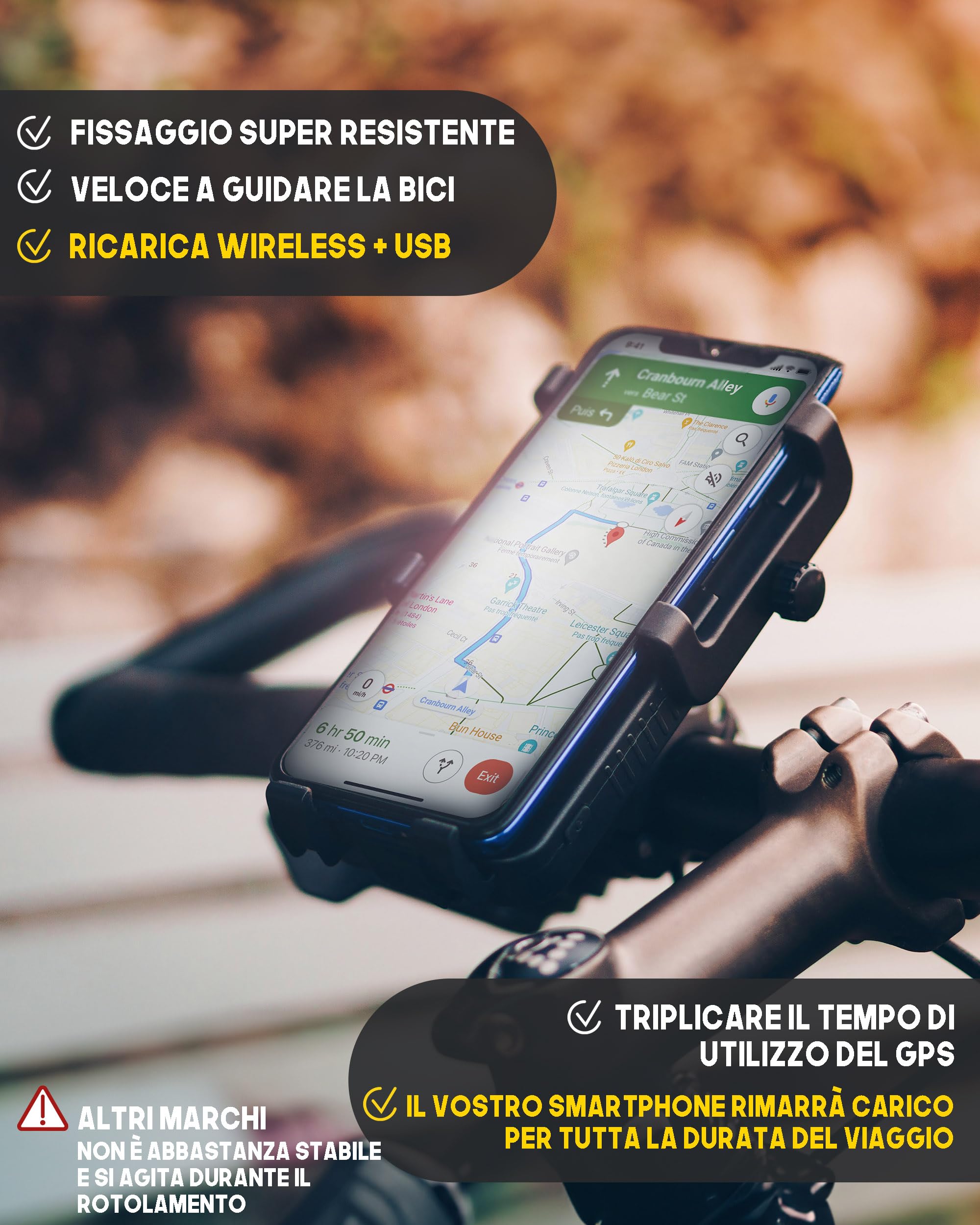 Sunslice Supporto per bicicletta con power bank integrato e luce LED.