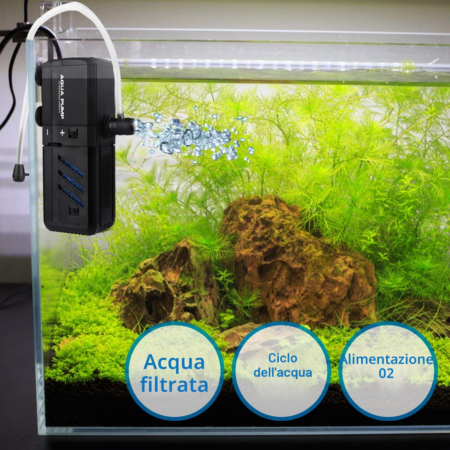 NO.17 Filtro Interno 6W per Acquario, Regolabile con Pompa Acqua 500L/H per 30-150 Litri