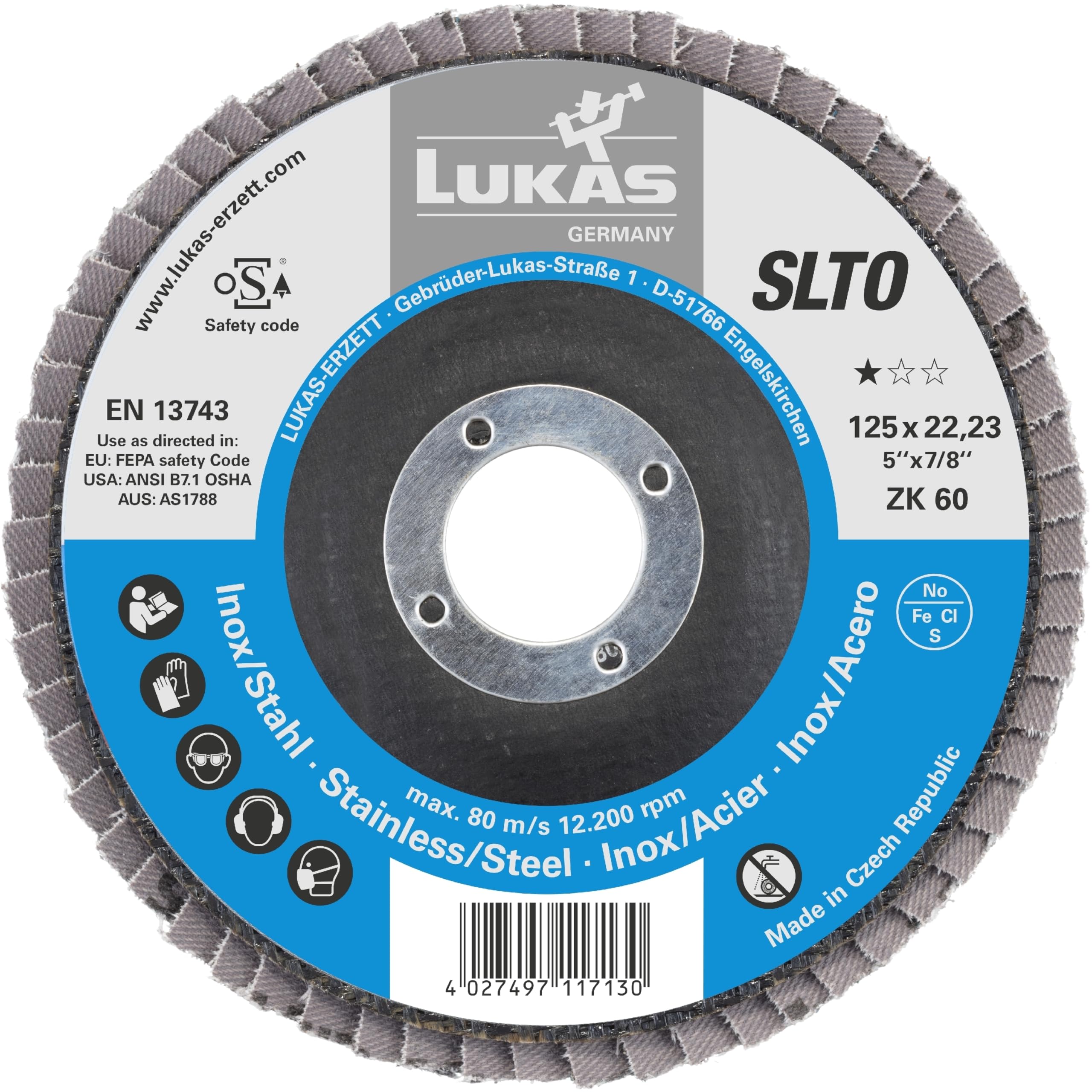 LUKAS-ERZETT - 10 dischi abrasivi a ventaglio SLTO, universali, Ø 125 mm, in zircone, grana 40, dritto, 13 x 13 x 13 cm