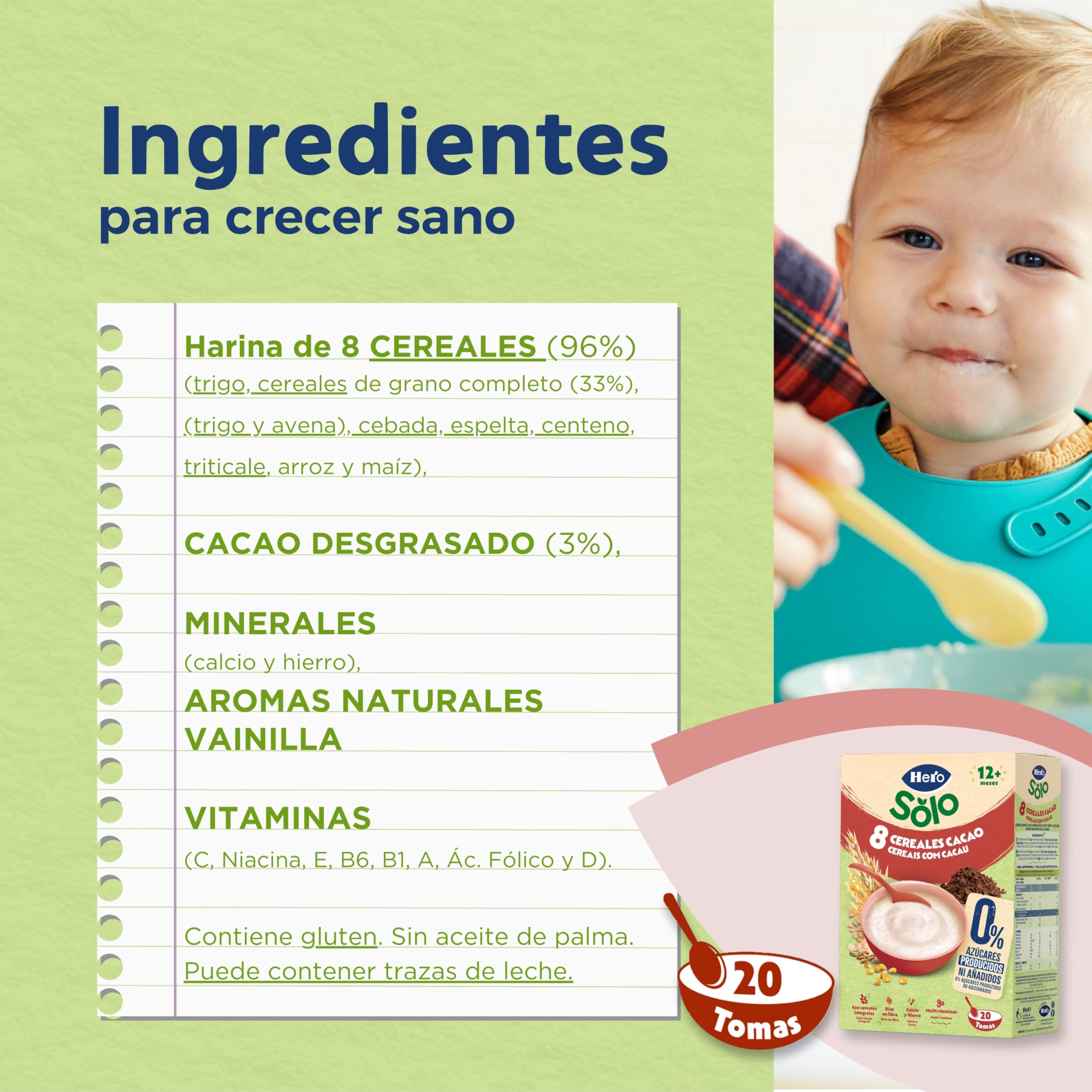 Hero Solo Papilla 8 Cereales con Cacao, Sin Azúcares Añadidos, Rica en Fibra y Vitaminas, Sabor Natural para Bebés, a partir de 12 meses