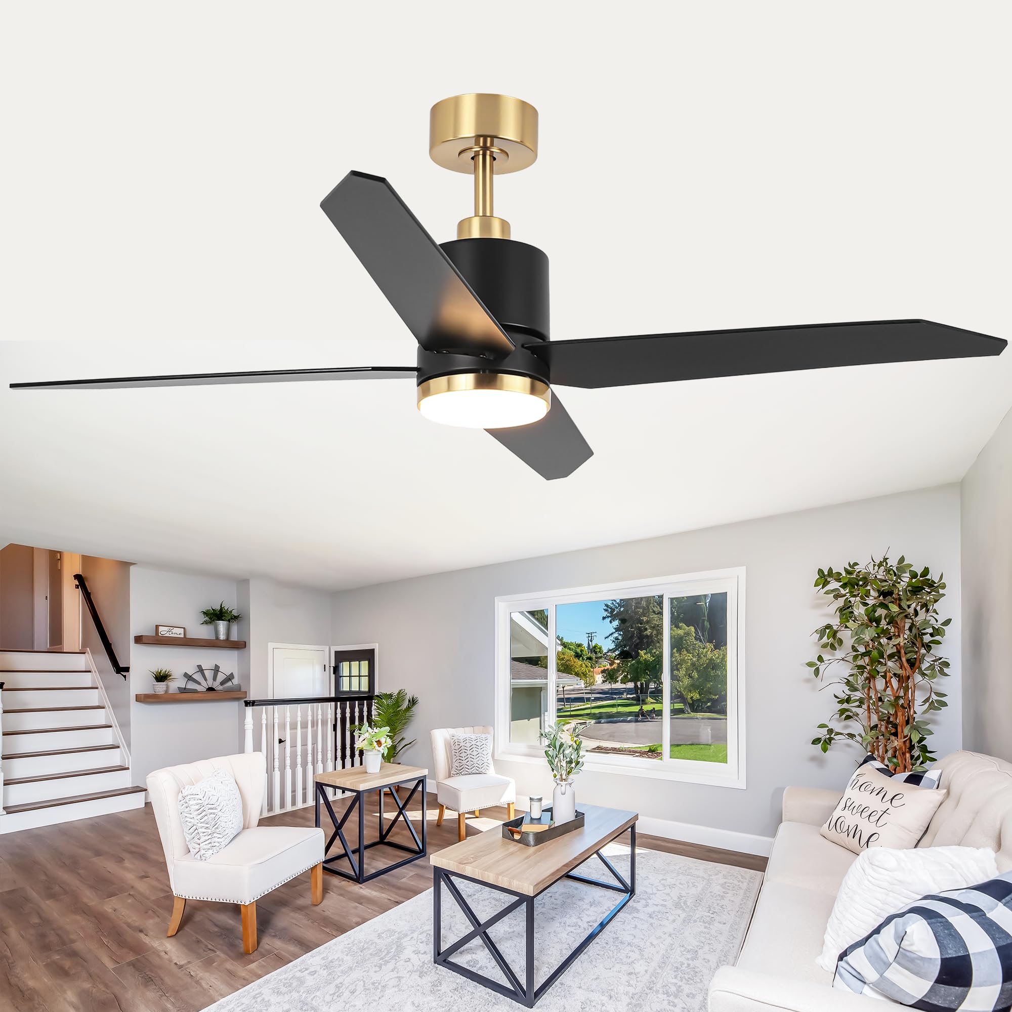 Vaczon 52 Inch Black and Gold Ceiling Fan with Light and Remote for Indoor & Outdoo Bedroom Living Room and Patio, Black Ceiling Fans with 6-Speed,