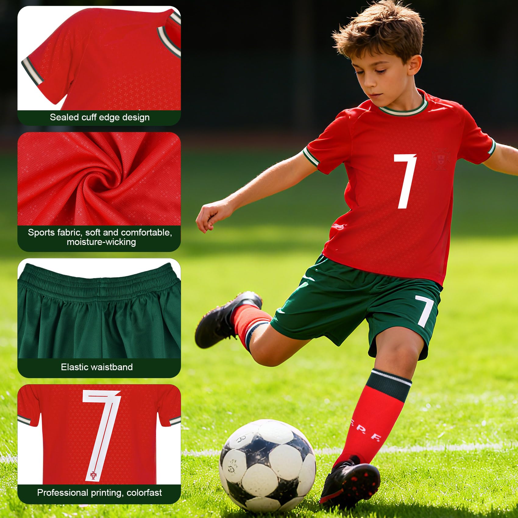 Maillot de football pour enfants - N° 7 - Ensemble maillot de football avec t-shirt, short, chaussettes et genouillères, maillot pour garçons et filles