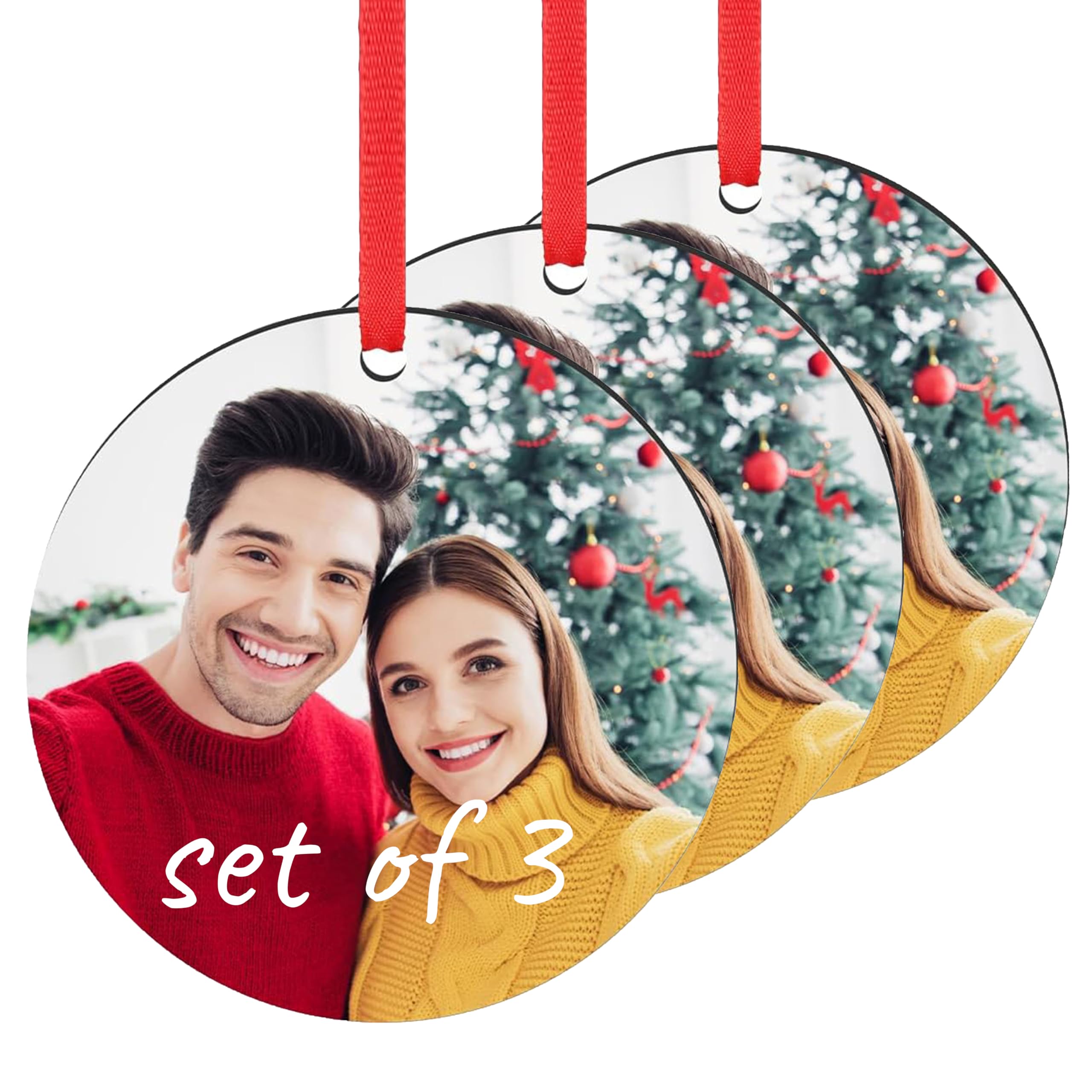 Custom Ornaments (Set of -3) Personalized Family Ornament Hanging Tree Wedding Ornaments Photo (Round)