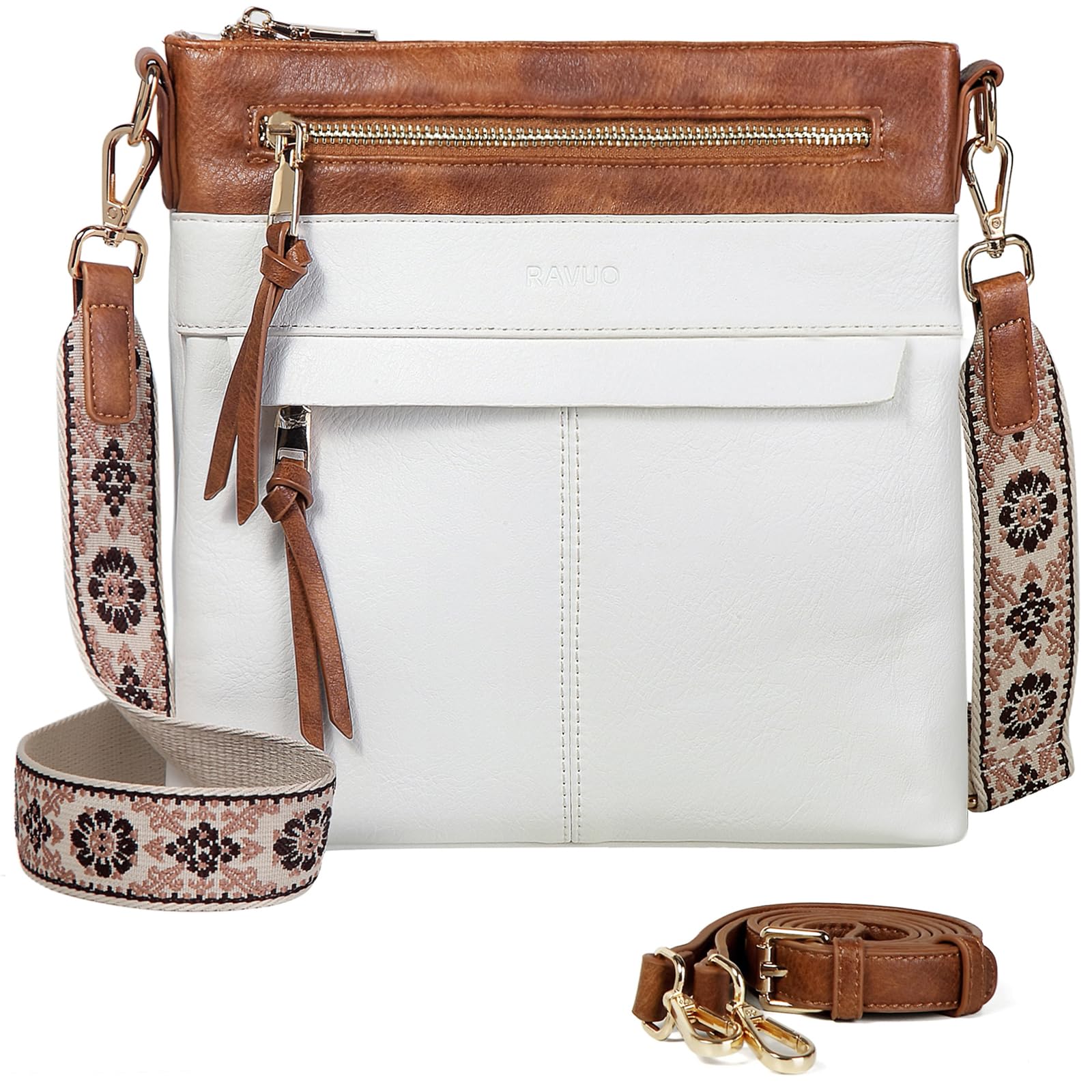RAVUO Bolso Bandolera Mujer, Grande Bolso Cruzado de Cuero Pu Bolso Hombro Piel con 2 Correas Ajustable Crossbody Bag para Diario Viaje