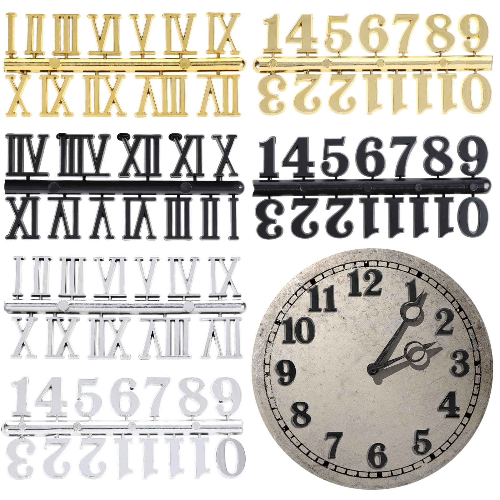 6 Sets Clock Numerals Kit, Arabic and Roman Numbers Clock Hands Accessories Wall Clock’s Face Making Parts for Design Repair Replacement DIY Digital Clock’s Numbers (Gold, Silver, Black)-image-8