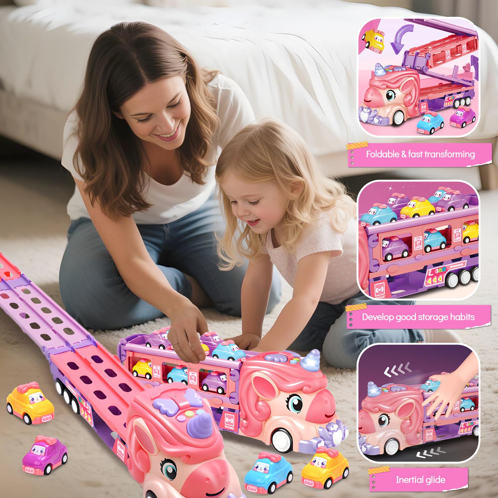RoserRose Camion Giocattolo per Bambini, Unicorno Camion Porta Macchinine con 6 Mini Cars, Luci e Musica, Regalo Bambina 2 Anni, Macchina Giocattoli per Bambina 2 3 4 5 6 Anni